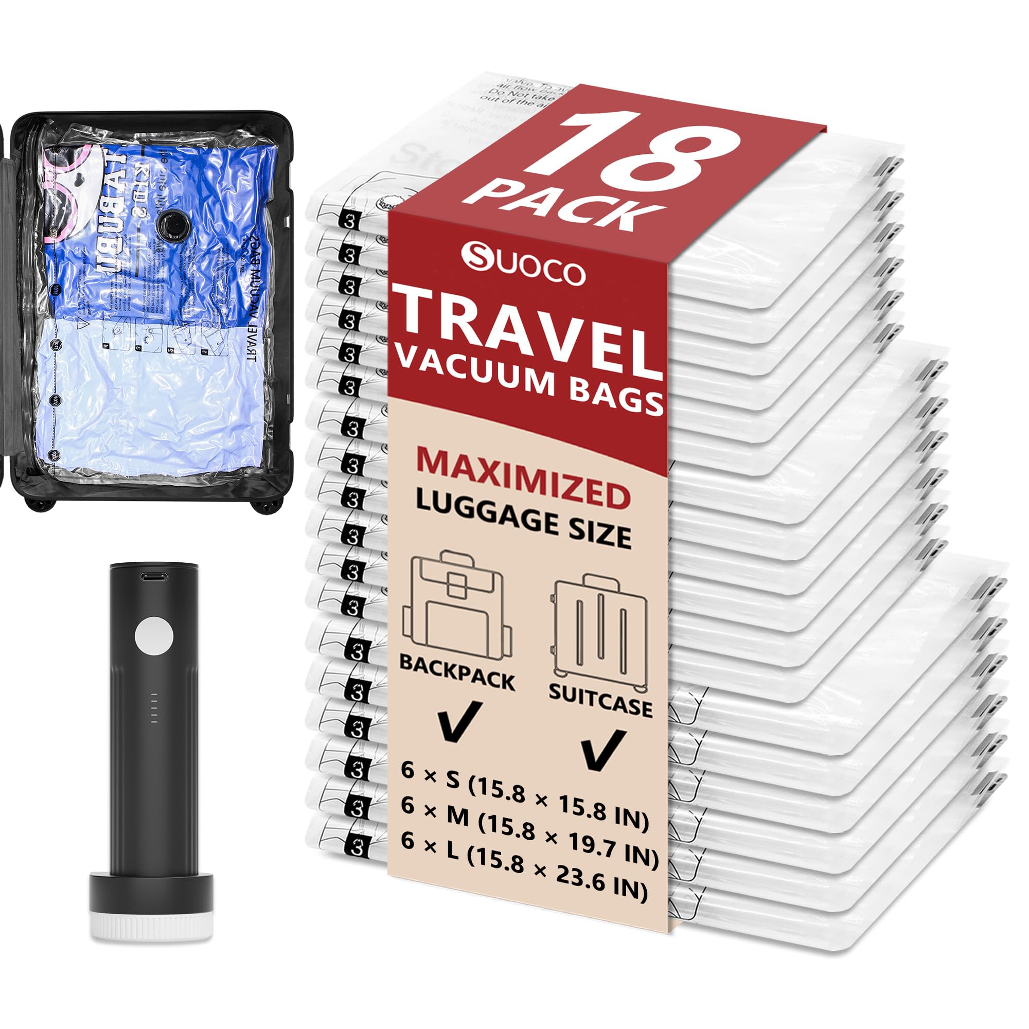 18 Pack Travel Vacuum Storage Bags for Clothing with Rechargeable Electric Pump, Compression Packing Cubes Organizer for Luggage Suitcase, Space Saver Seal Bags for Vacation Cruise - Martin Corner Bedding