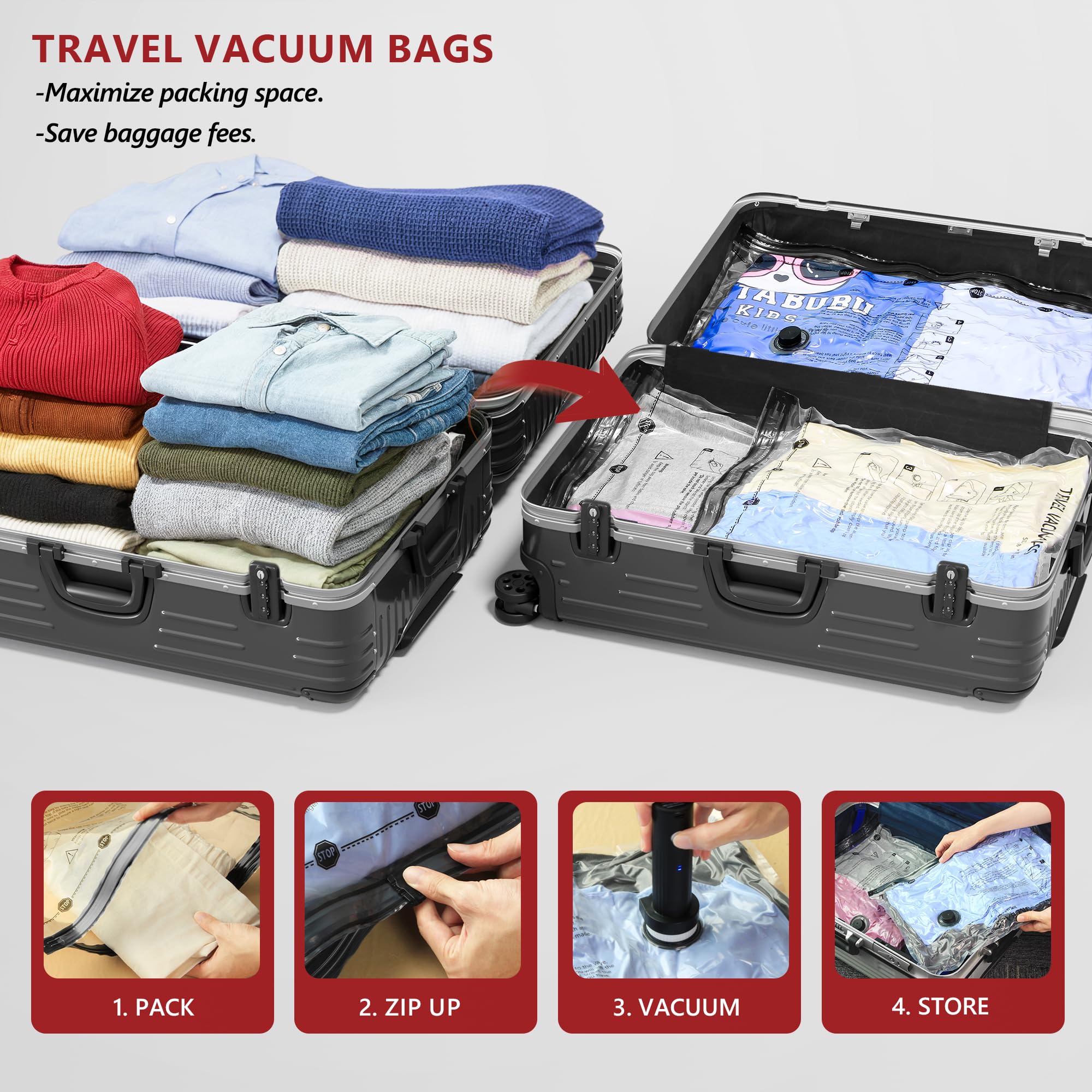 18 Pack Travel Vacuum Storage Bags for Clothing with Rechargeable Electric Pump, Compression Packing Cubes Organizer for Luggage Suitcase, Space Saver Seal Bags for Vacation Cruise - Martin Corner Bedding