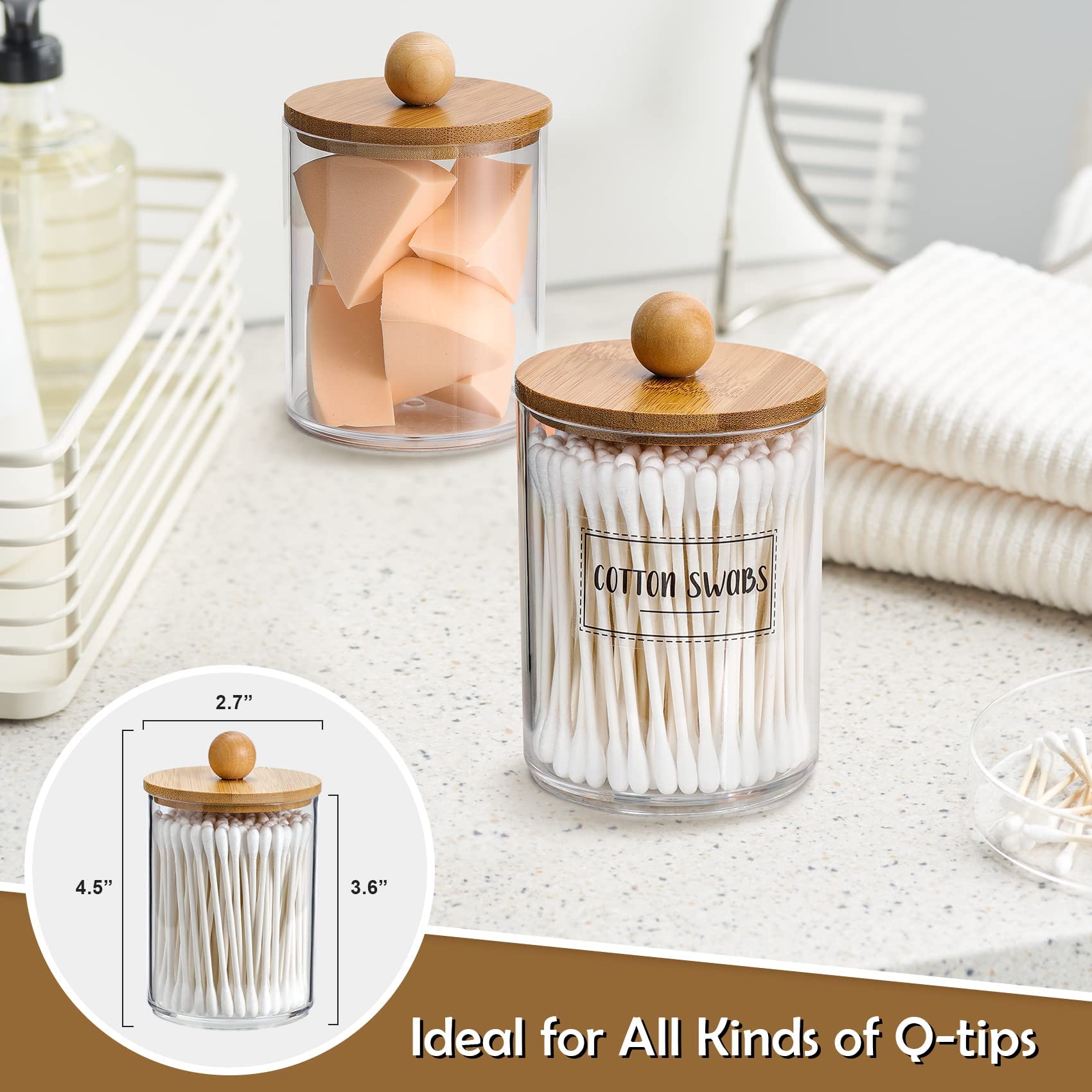 4 Pack Qtip Holder Dispenser with Bamboo Lids - 10 oz Clear Plastic Apothecary Jar Containers for Vanity Makeup Organizer Storage - Bathroom Accessories Set for Cotton Swab, Ball, Pads, Floss - Martin Corner Bedding