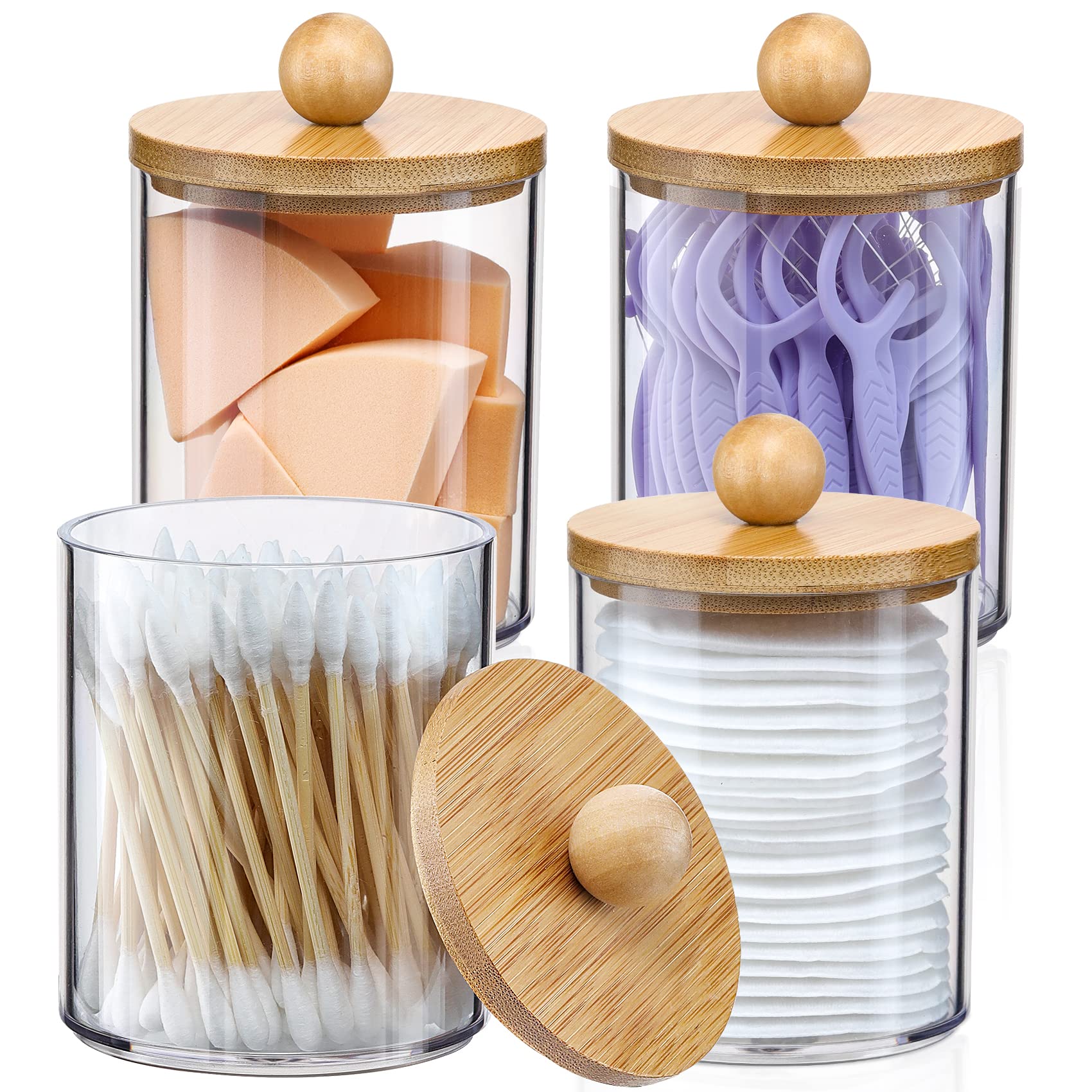 4 Pack Qtip Holder Dispenser with Bamboo Lids - 10 oz Clear Plastic Apothecary Jar Containers for Vanity Makeup Organizer Storage - Bathroom Accessories Set for Cotton Swab, Ball, Pads, Floss - Martin Corner Bedding