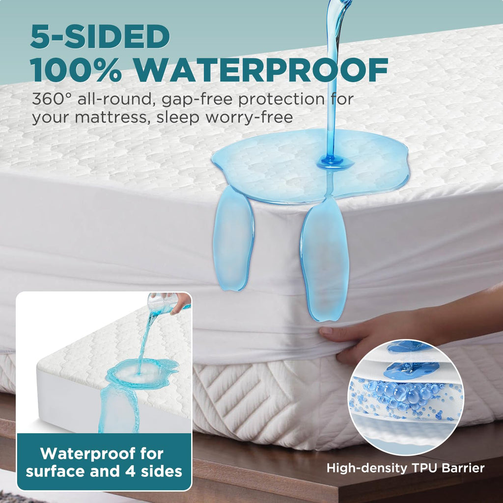 5 - Sided Waterproof Mattress Protector, Queen Size Quilted Bamboo Rayon Mattress Cover, Breathable Cooling Noiseless Bed Fitted Sheets, Soft Bedding Pad with Deep Pocket Up to 18" - Martin Corner Bedding