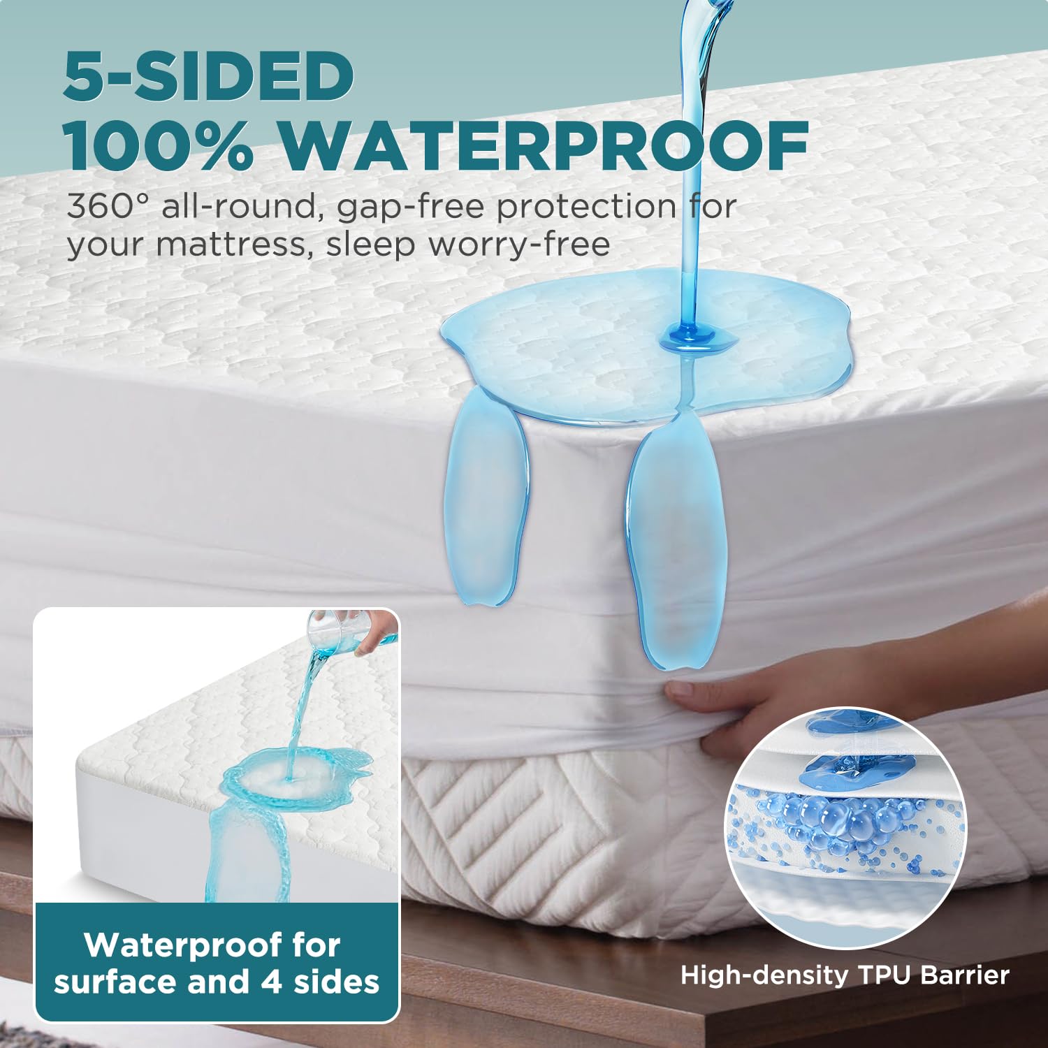 5 - Sided Waterproof Mattress Protector, Queen Size Quilted Bamboo Rayon Mattress Cover, Breathable Cooling Noiseless Bed Fitted Sheets, Soft Bedding Pad with Deep Pocket Up to 18" - Martin Corner Bedding