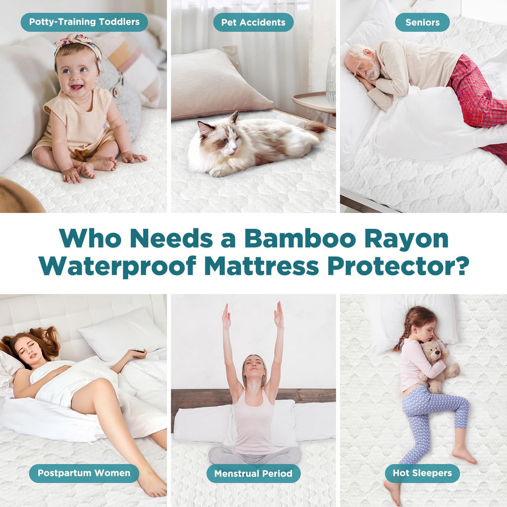 5 - Sided Waterproof Mattress Protector, Queen Size Quilted Bamboo Rayon Mattress Cover, Breathable Cooling Noiseless Bed Fitted Sheets, Soft Bedding Pad with Deep Pocket Up to 18" - Martin Corner Bedding