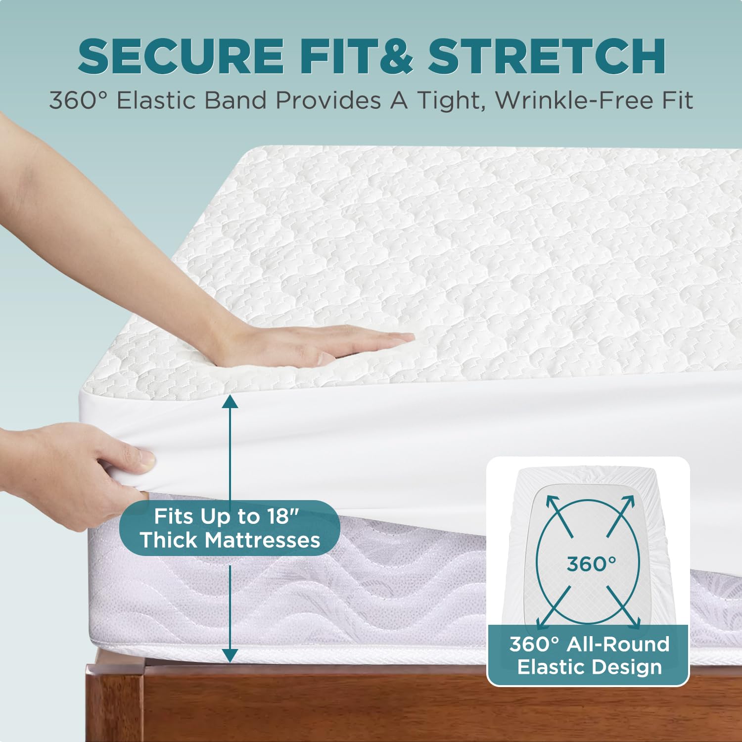5 - Sided Waterproof Mattress Protector, Queen Size Quilted Bamboo Rayon Mattress Cover, Breathable Cooling Noiseless Bed Fitted Sheets, Soft Bedding Pad with Deep Pocket Up to 18" - Martin Corner Bedding