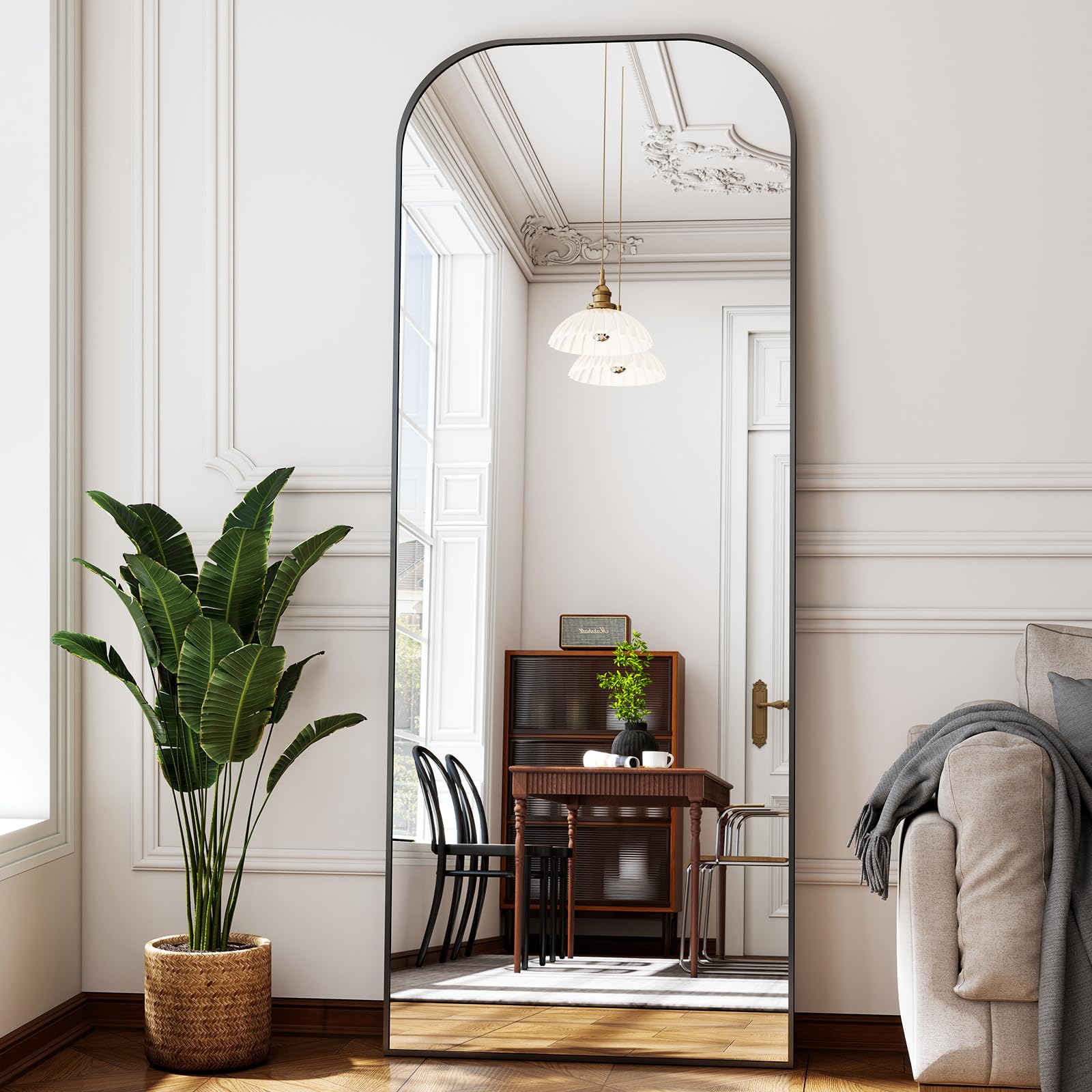 56x21 Inch Full Length Mirror - Large Floor Standing & Wall Mountable Full Body Mirror with Sturdy Aluminum Frame, Arched Top Design, Freestanding or Hanging for Bedroom, Living Room, Cloakroom,Black - Martin Corner Bedding