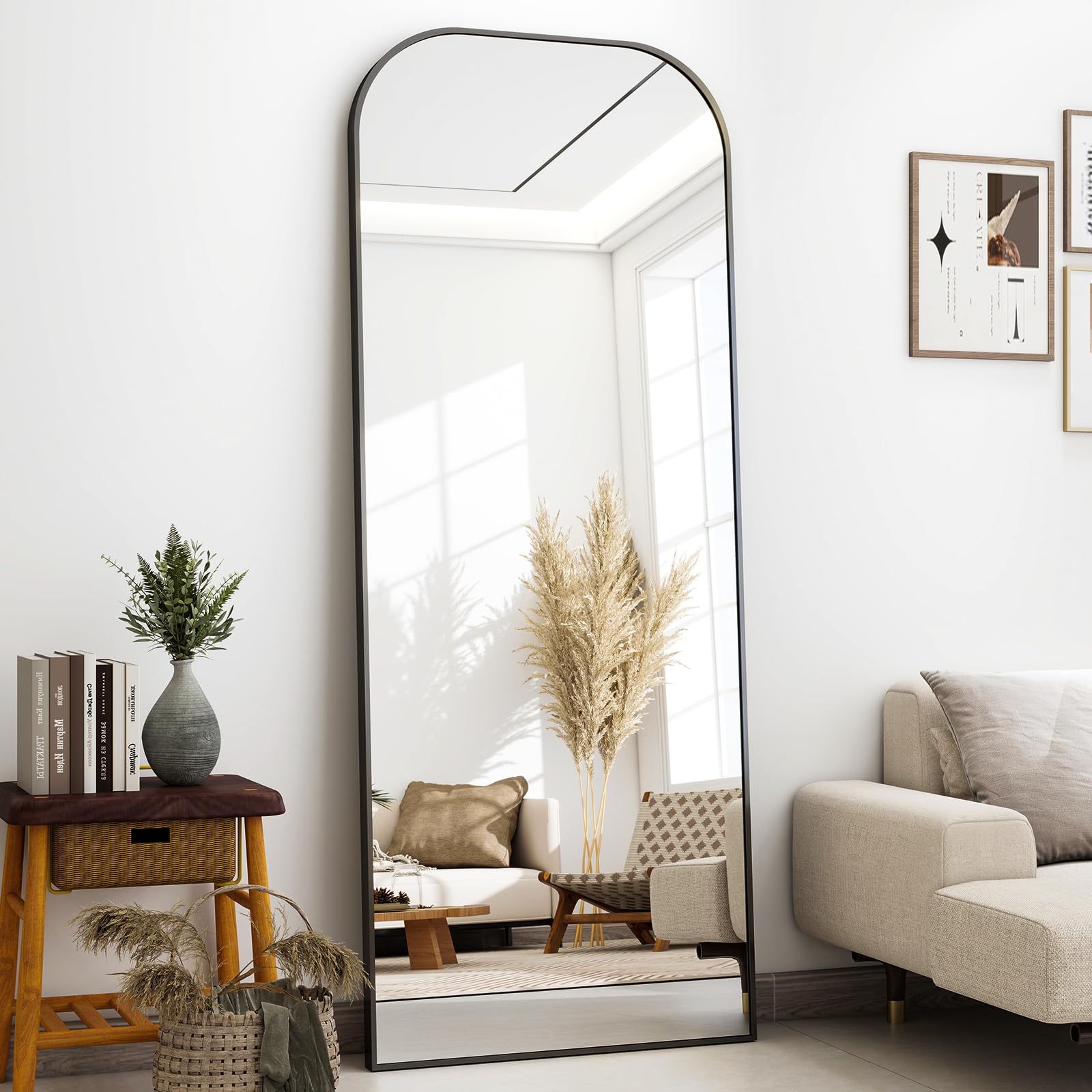 56x21 Inch Full Length Mirror - Large Floor Standing & Wall Mountable Full Body Mirror with Sturdy Aluminum Frame, Arched Top Design, Freestanding or Hanging for Bedroom, Living Room, Cloakroom,Black - Martin Corner Bedding