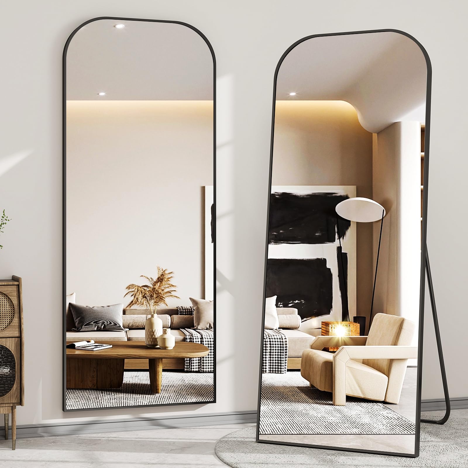 56x21 Inch Full Length Mirror - Large Floor Standing & Wall Mountable Full Body Mirror with Sturdy Aluminum Frame, Arched Top Design, Freestanding or Hanging for Bedroom, Living Room, Cloakroom,Black - Martin Corner Bedding