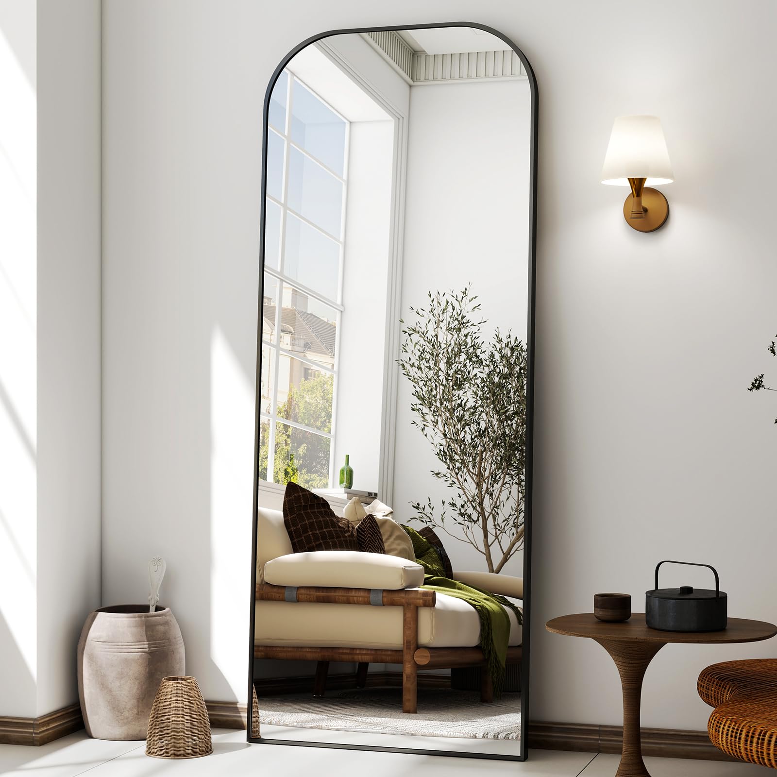 56x21 Inch Full Length Mirror - Large Floor Standing & Wall Mountable Full Body Mirror with Sturdy Aluminum Frame, Arched Top Design, Freestanding or Hanging for Bedroom, Living Room, Cloakroom,Black - Martin Corner Bedding