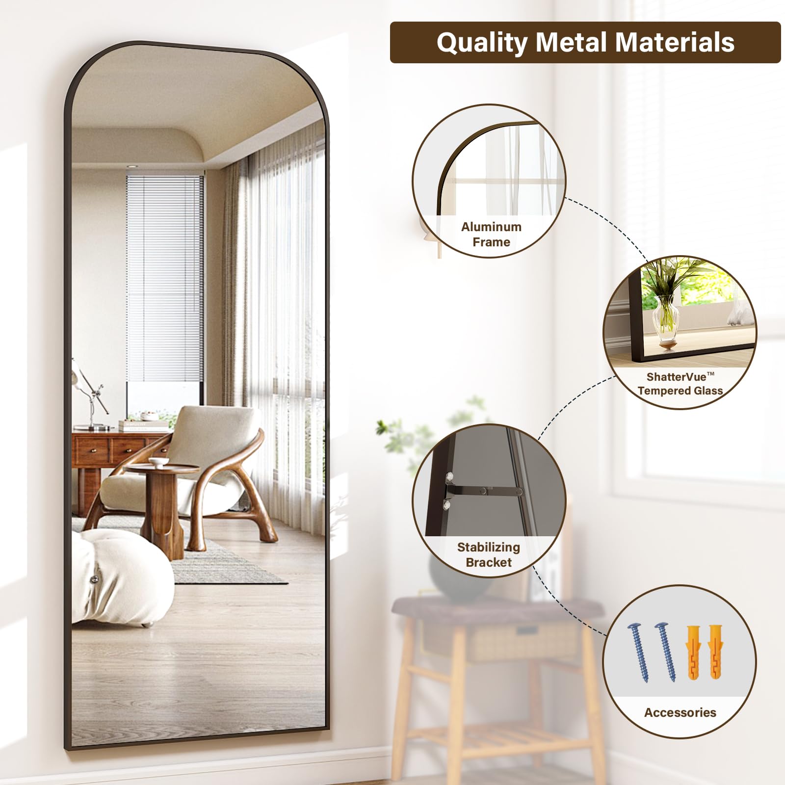 56x21 Inch Full Length Mirror - Large Floor Standing & Wall Mountable Full Body Mirror with Sturdy Aluminum Frame, Arched Top Design, Freestanding or Hanging for Bedroom, Living Room, Cloakroom,Black - Martin Corner Bedding