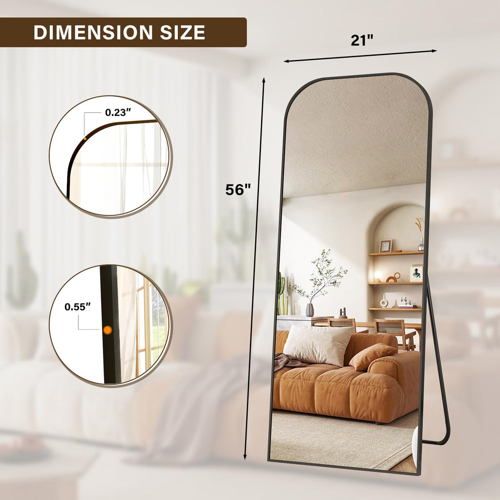 56x21 Inch Full Length Mirror - Large Floor Standing & Wall Mountable Full Body Mirror with Sturdy Aluminum Frame, Arched Top Design, Freestanding or Hanging for Bedroom, Living Room, Cloakroom,Black - Martin Corner Bedding