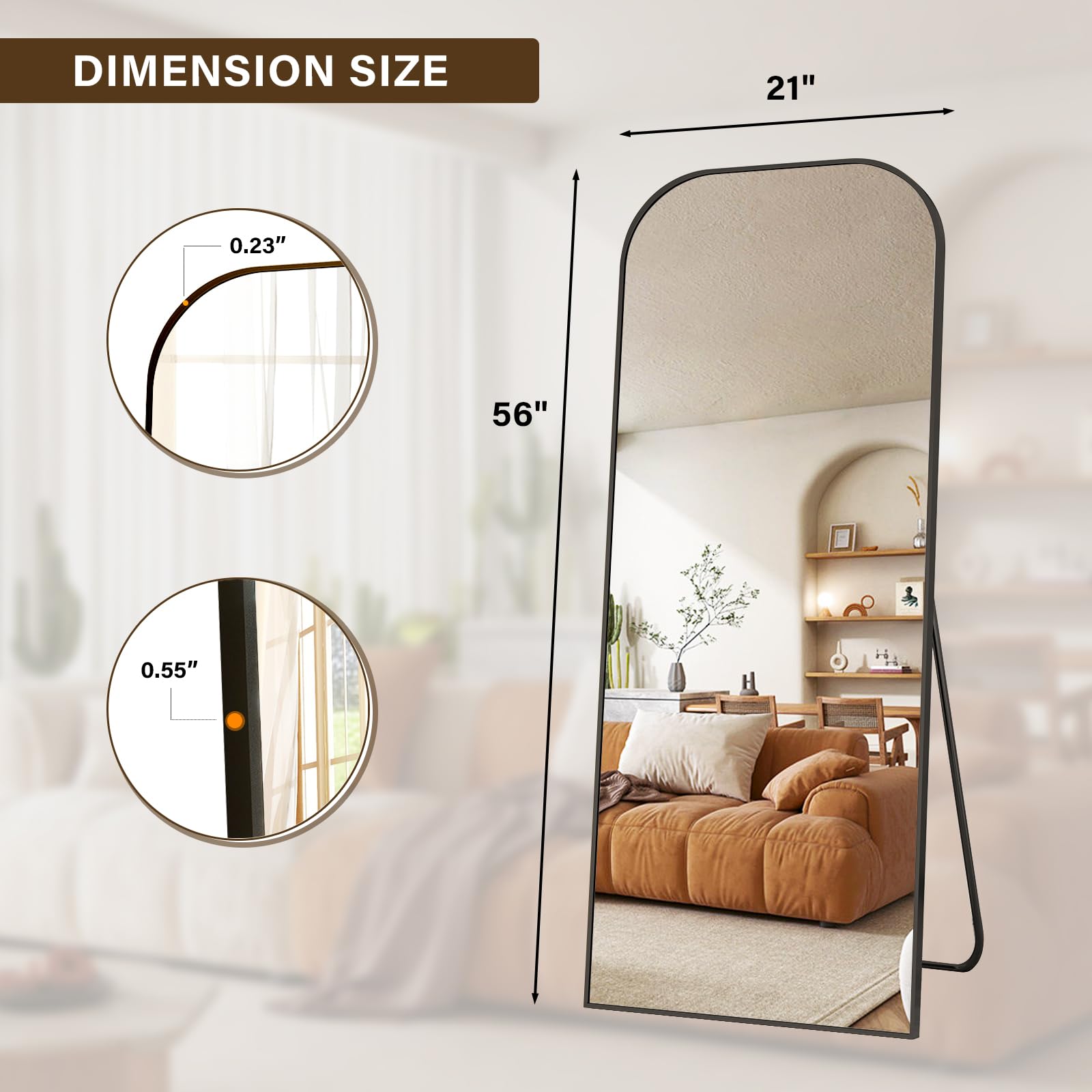 56x21 Inch Full Length Mirror - Large Floor Standing & Wall Mountable Full Body Mirror with Sturdy Aluminum Frame, Arched Top Design, Freestanding or Hanging for Bedroom, Living Room, Cloakroom,Black - Martin Corner Bedding