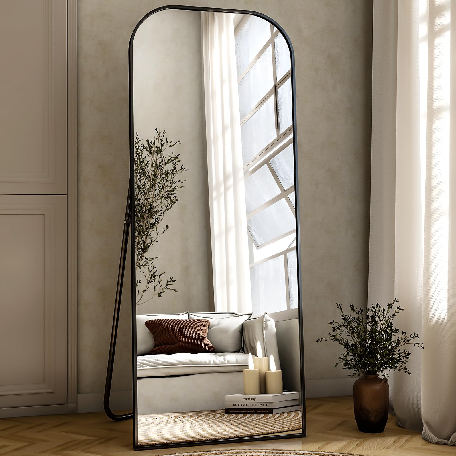 56x21 Inch Full Length Mirror - Large Floor Standing & Wall Mountable Full Body Mirror with Sturdy Aluminum Frame, Arched Top Design, Freestanding or Hanging for Bedroom, Living Room, Cloakroom,Black - Martin Corner Bedding