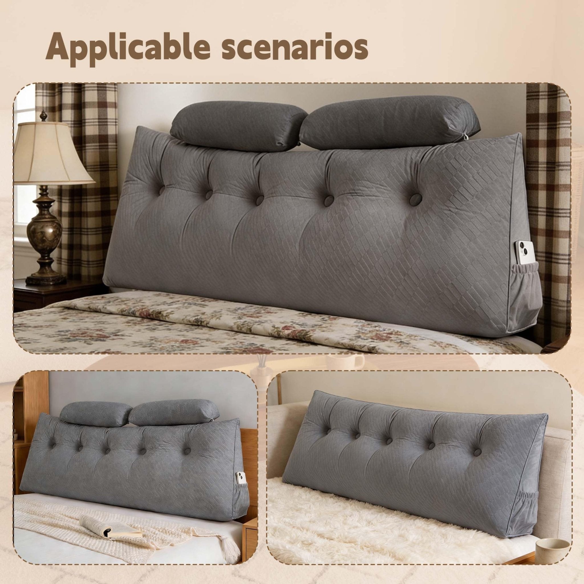 Affodwzun Reading Pillow for Bed, Bed Wedge Pillow for headboard, with Removable Cover & Side Pockets, for Neck & Lumbar Support, with Neck Cushion for Bed Dorm Sofa(Grey, 59in) - Martin Corner Bedding