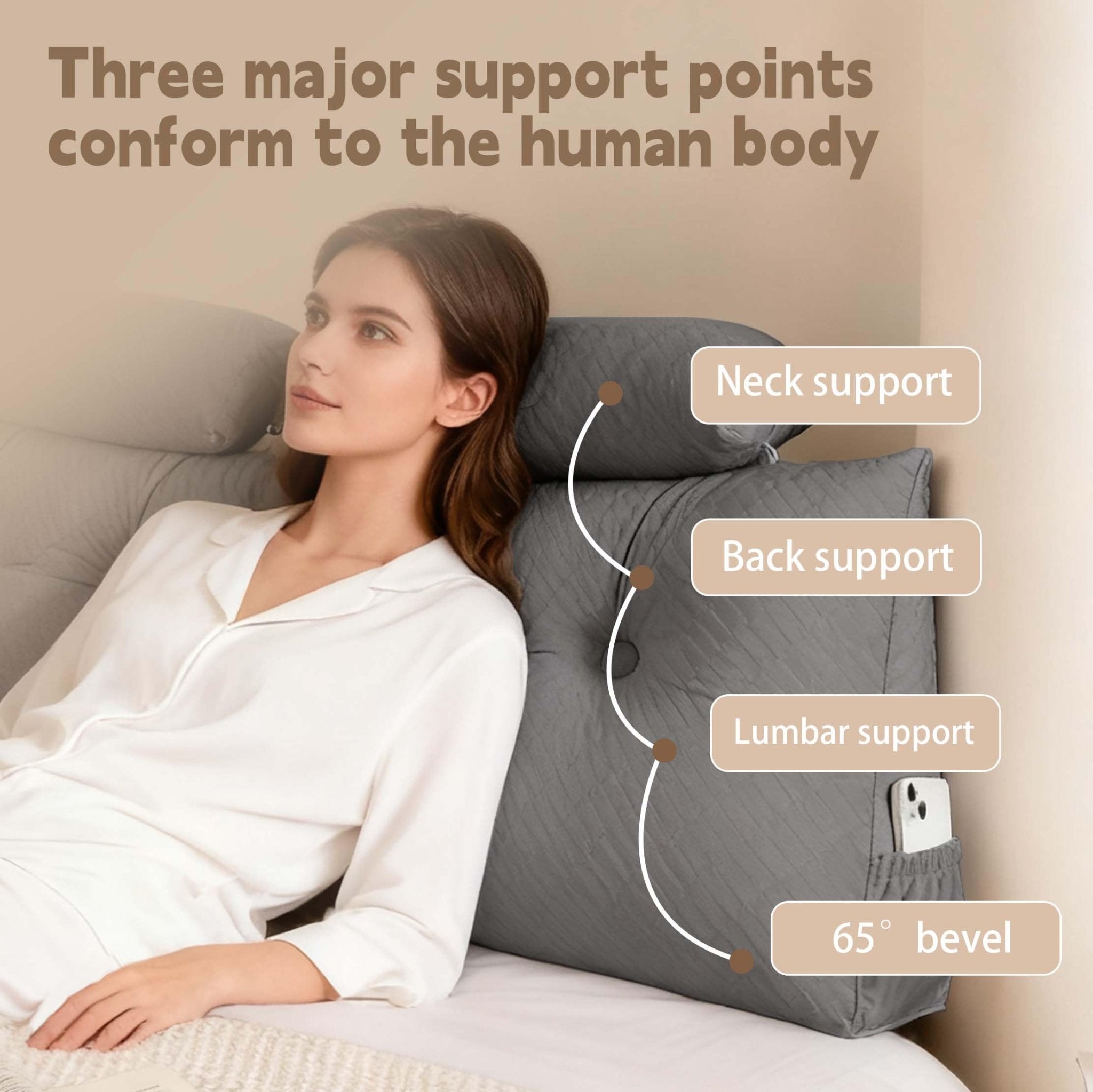 Affodwzun Reading Pillow for Bed, Bed Wedge Pillow for headboard, with Removable Cover & Side Pockets, for Neck & Lumbar Support, with Neck Cushion for Bed Dorm Sofa(Grey, 59in) - Martin Corner Bedding