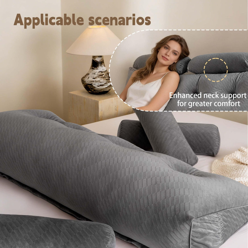 Affodwzun Reading Pillow for Bed, Bed Wedge Pillow for headboard, with Removable Cover & Side Pockets, for Neck & Lumbar Support, with Neck Cushion for Bed Dorm Sofa(Grey, 59in) - Martin Corner Bedding