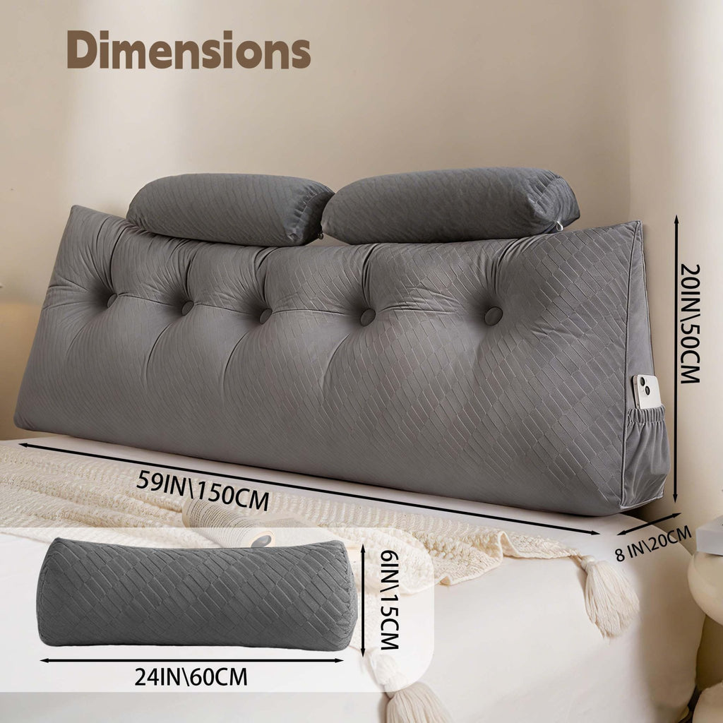 Affodwzun Reading Pillow for Bed, Bed Wedge Pillow for headboard, with Removable Cover & Side Pockets, for Neck & Lumbar Support, with Neck Cushion for Bed Dorm Sofa(Grey, 59in) - Martin Corner Bedding