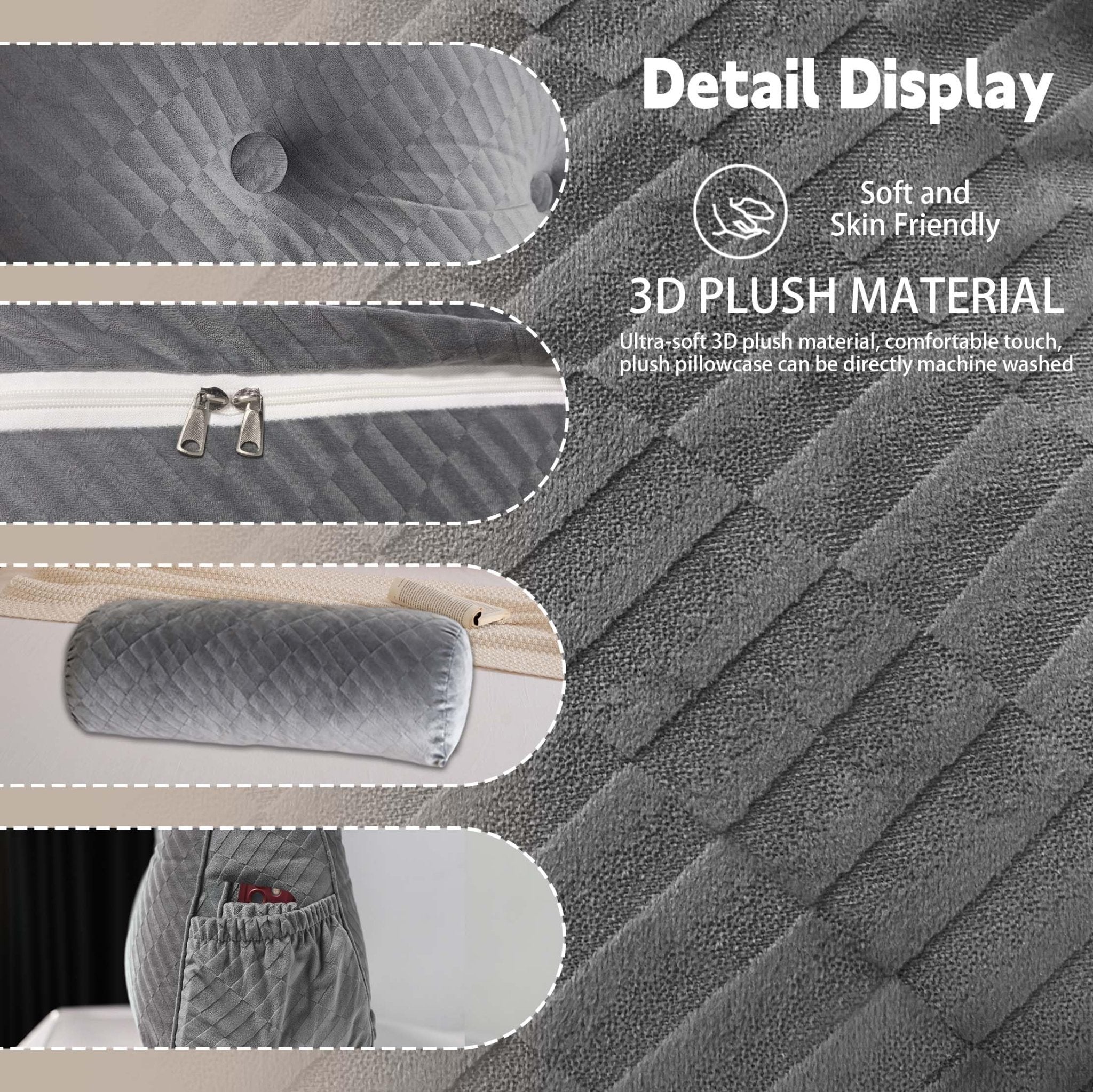 Affodwzun Reading Pillow for Bed, Bed Wedge Pillow for headboard, with Removable Cover & Side Pockets, for Neck & Lumbar Support, with Neck Cushion for Bed Dorm Sofa(Grey, 59in) - Martin Corner Bedding