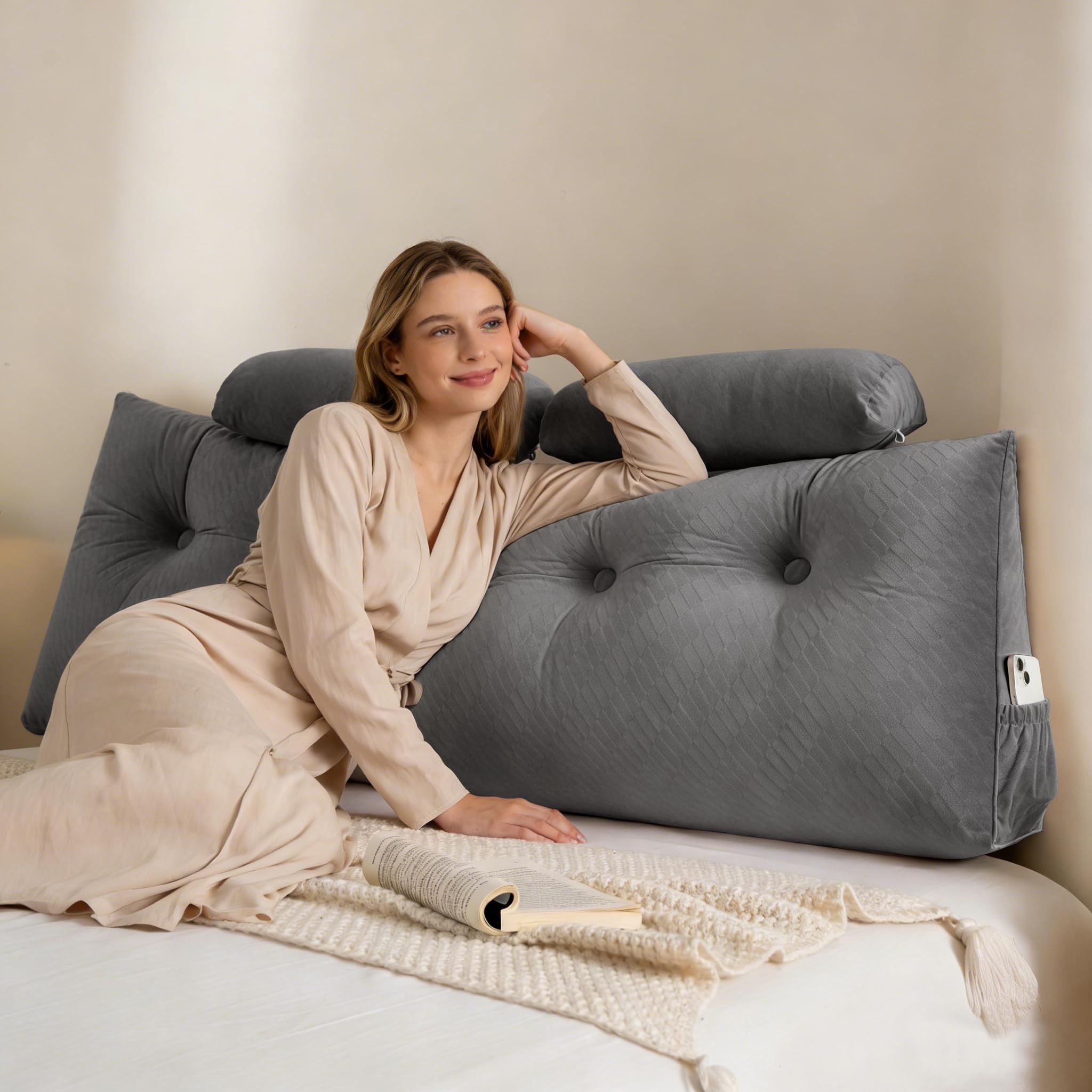 Affodwzun Reading Pillow for Bed, Bed Wedge Pillow for headboard, with Removable Cover & Side Pockets, for Neck & Lumbar Support, with Neck Cushion for Bed Dorm Sofa(Grey, 59in) - Martin Corner Bedding