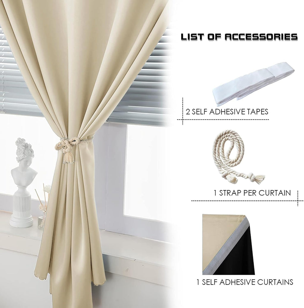 AJAZZ 100% Blackout Curtains for Bedroom Self Adhesive Curtains Temporary Curtain Easy to Install Used for Boho Curtains Window Curtain (Beige, 59" W x 84" L) 1 Panel - Martin Corner Bedding