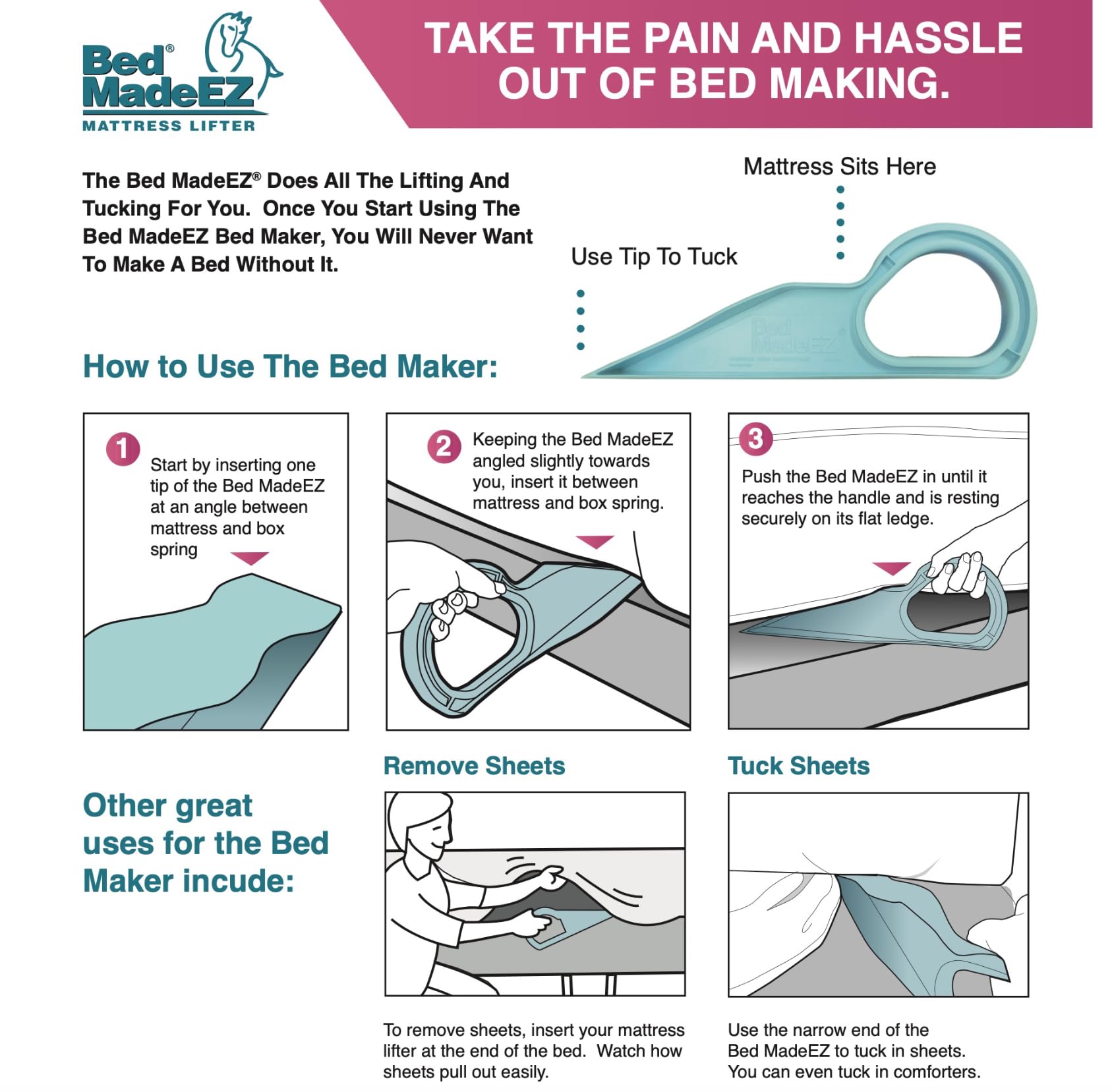 Bed MadeEZ Mattress Lifter & Bed Maker Tool for Changing Bed| Patented & Made in USA | Lifts & Holds The Mattress, Tucks Sheets, Removes Sheets, Bed Skirts and More - Martin Corner Bedding