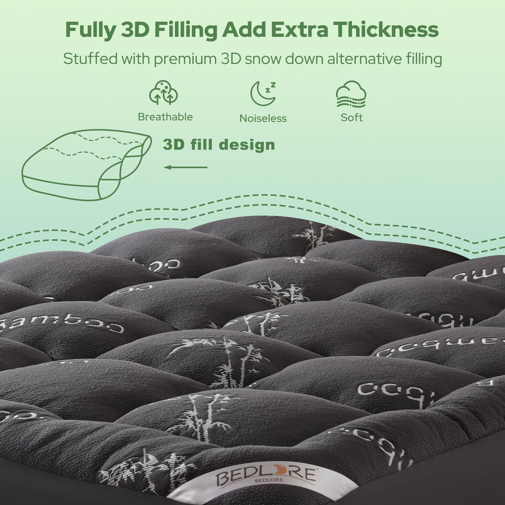 BEDLORE Queen Mattress Topper Viscose Derived from Bamboo, Thick Pillow Top Mattress Pad with Stretchable Pockets for 6 - 18 inches Mattress, Soft Mattress Topper for Back Pain Relief(Dark Gray) - Martin Corner Bedding