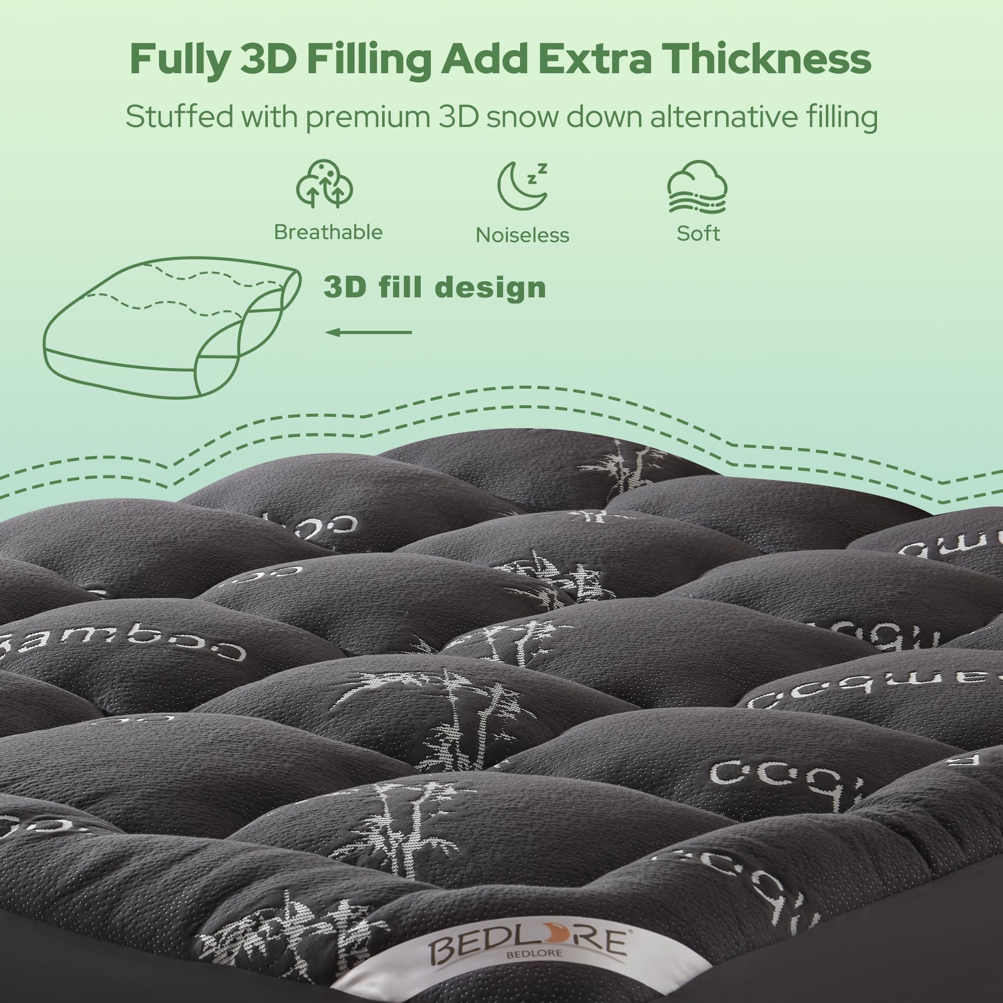 BEDLORE Queen Mattress Topper Viscose Derived from Bamboo, Thick Pillow Top Mattress Pad with Stretchable Pockets for 6 - 18 inches Mattress, Soft Mattress Topper for Back Pain Relief(Dark Gray) - Martin Corner Bedding