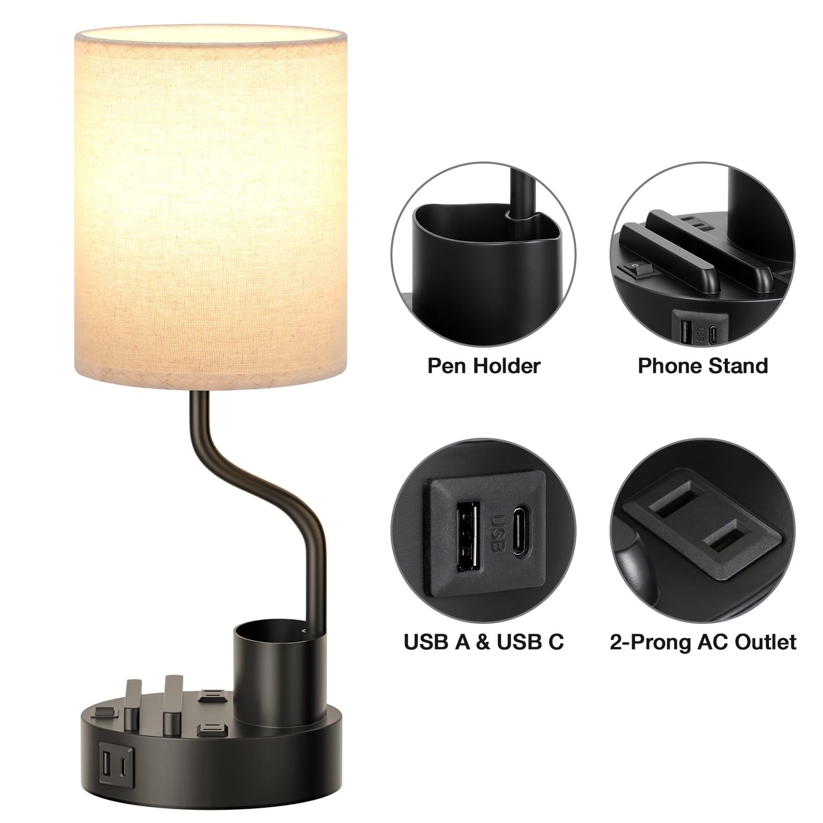 Bedside Table Lamps for Bedroom Set of 2 - Nightstand Light with AC Outlet and USB A & C for Charging, 3 Color Temperatures, Study Desk Lamp with Pen Holder & Phone Stand for Living Room/Dorm/Office - Martin Corner Bedding