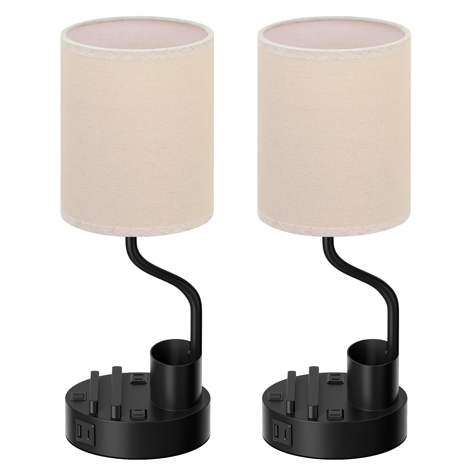 Bedside Table Lamps for Bedroom Set of 2 - Nightstand Light with AC Outlet and USB A & C for Charging, 3 Color Temperatures, Study Desk Lamp with Pen Holder & Phone Stand for Living Room/Dorm/Office - Martin Corner Bedding