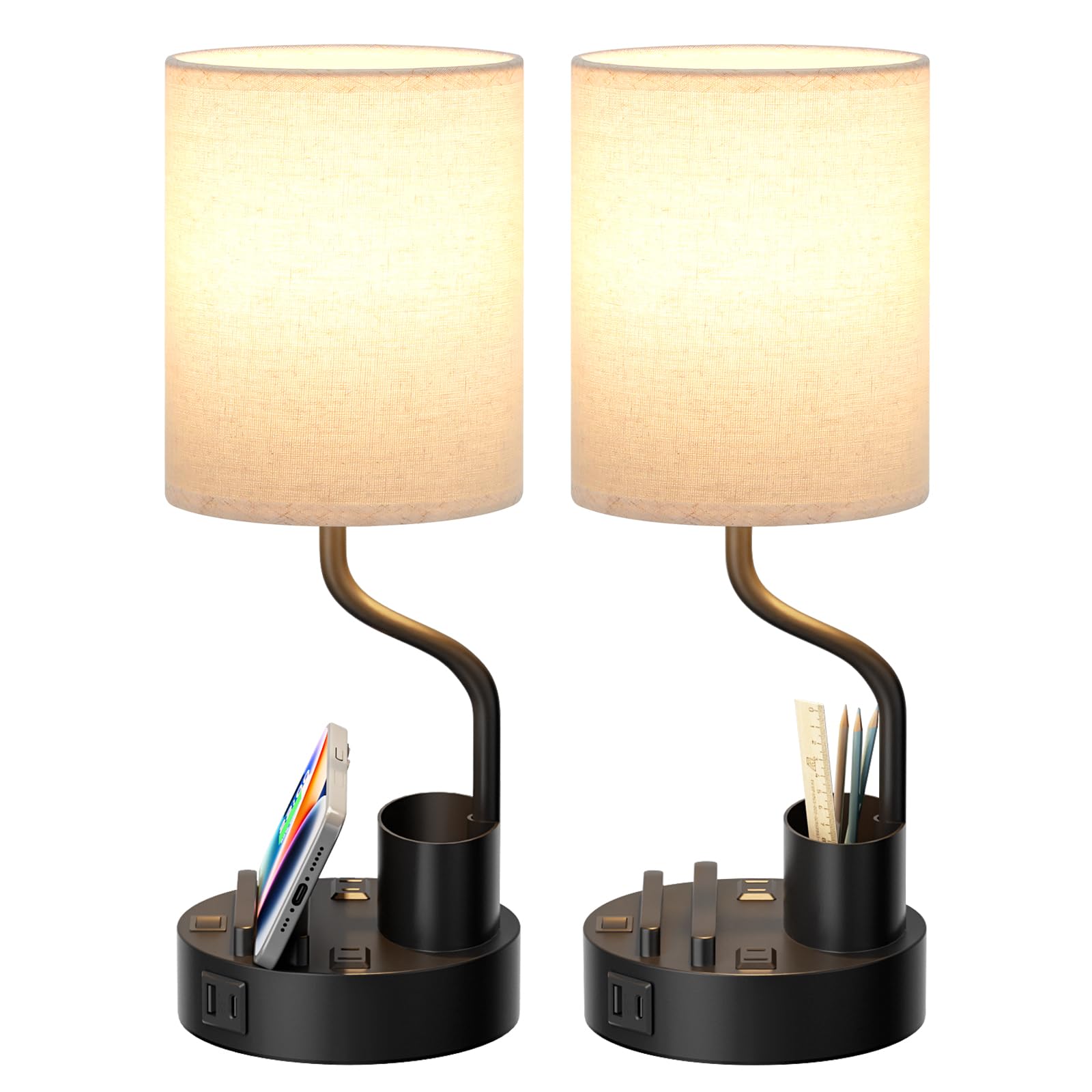 Bedside Table Lamps for Bedroom Set of 2 - Nightstand Light with AC Outlet and USB A & C for Charging, 3 Color Temperatures, Study Desk Lamp with Pen Holder & Phone Stand for Living Room/Dorm/Office - Martin Corner Bedding