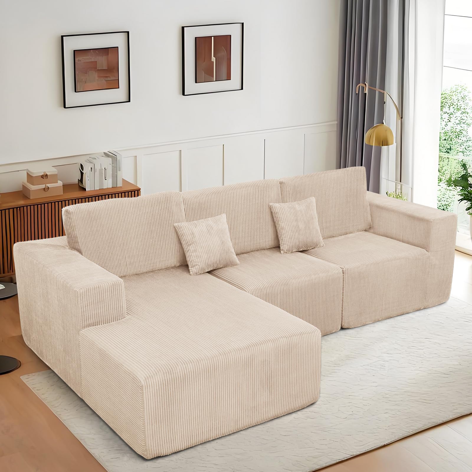 Boneless Couches for Living Room L - Shape Chaise Cloud Couch Modular Sectional 3 Pieces Deep Seat 111" Compressed Couches for Living Room Bedroom with Plush Corduroy Fabric No Assembly Required, Khaki - Martin Corner Bedding
