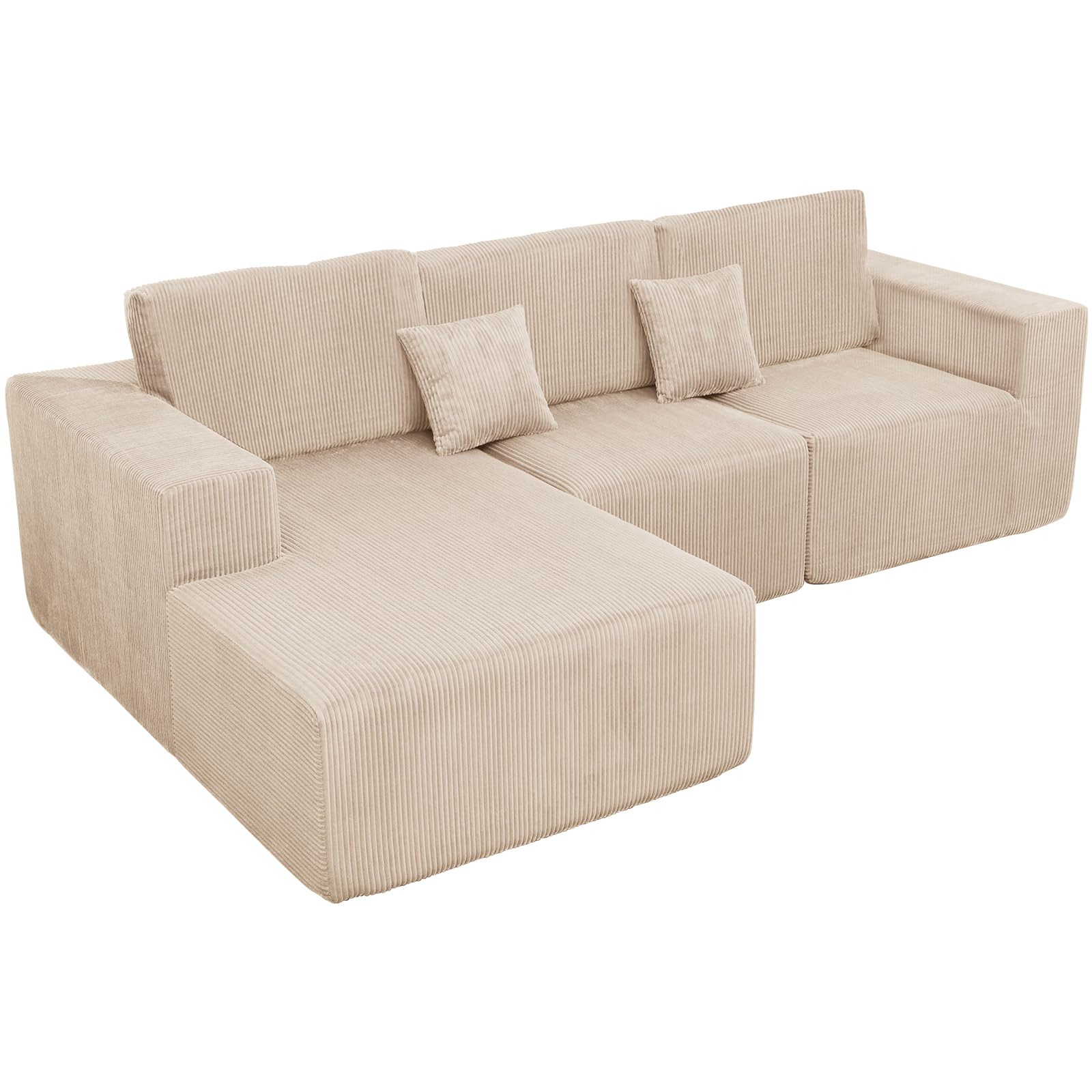 Boneless Couches for Living Room L - Shape Chaise Cloud Couch Modular Sectional 3 Pieces Deep Seat 111" Compressed Couches for Living Room Bedroom with Plush Corduroy Fabric No Assembly Required, Khaki - Martin Corner Bedding