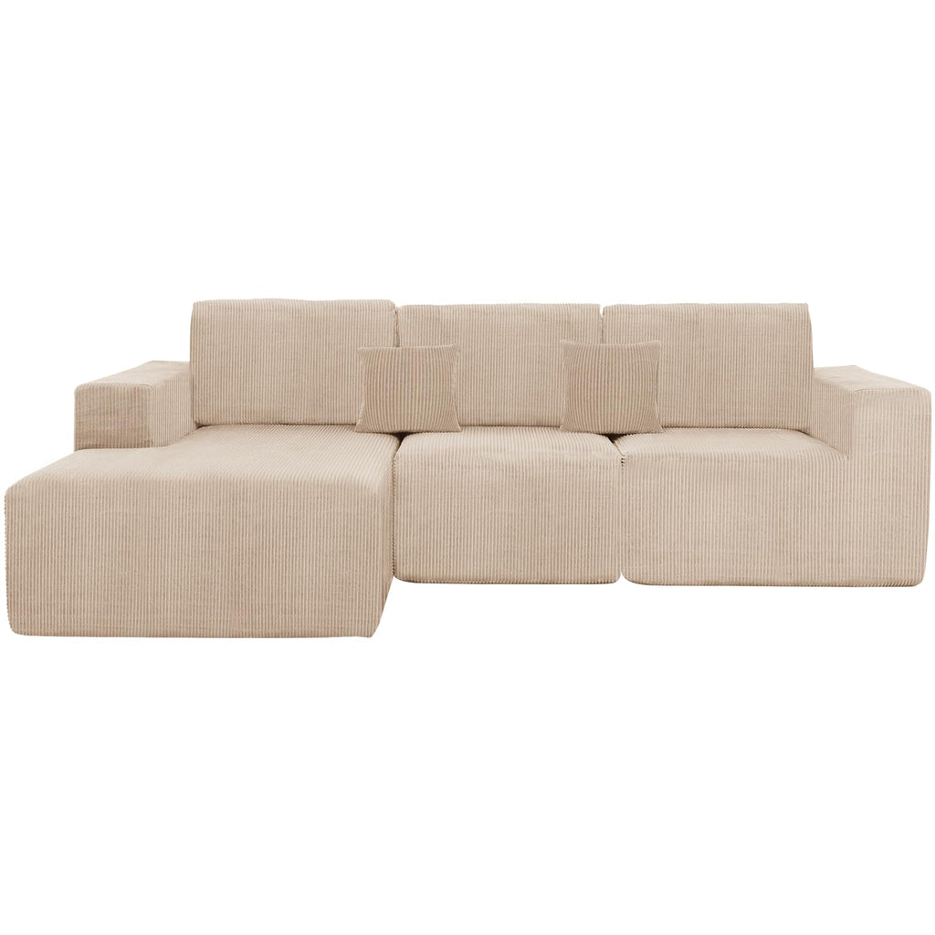 Boneless Couches for Living Room L - Shape Chaise Cloud Couch Modular Sectional 3 Pieces Deep Seat 111" Compressed Couches for Living Room Bedroom with Plush Corduroy Fabric No Assembly Required, Khaki - Martin Corner Bedding