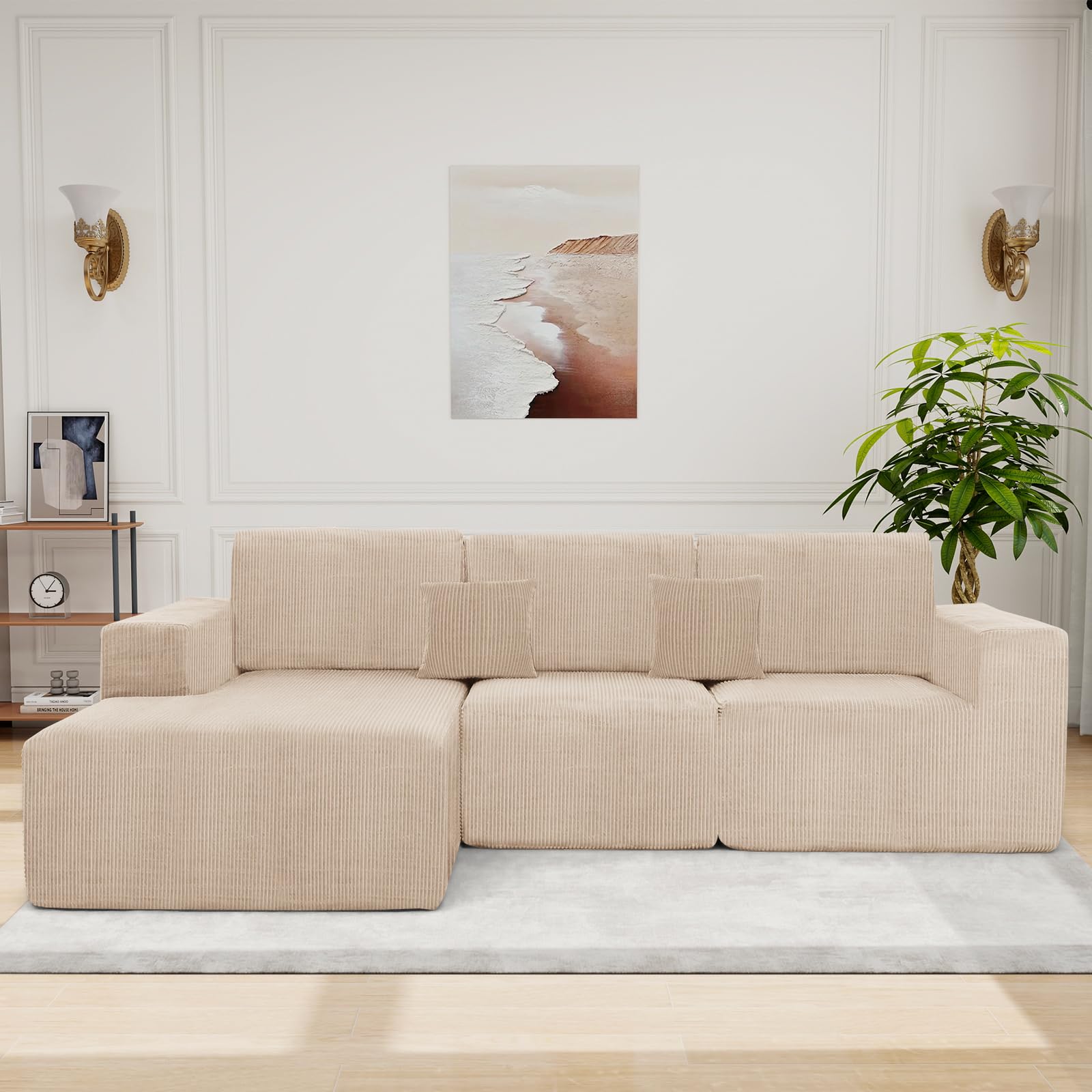 Boneless Couches for Living Room L - Shape Chaise Cloud Couch Modular Sectional 3 Pieces Deep Seat 111" Compressed Couches for Living Room Bedroom with Plush Corduroy Fabric No Assembly Required, Khaki - Martin Corner Bedding