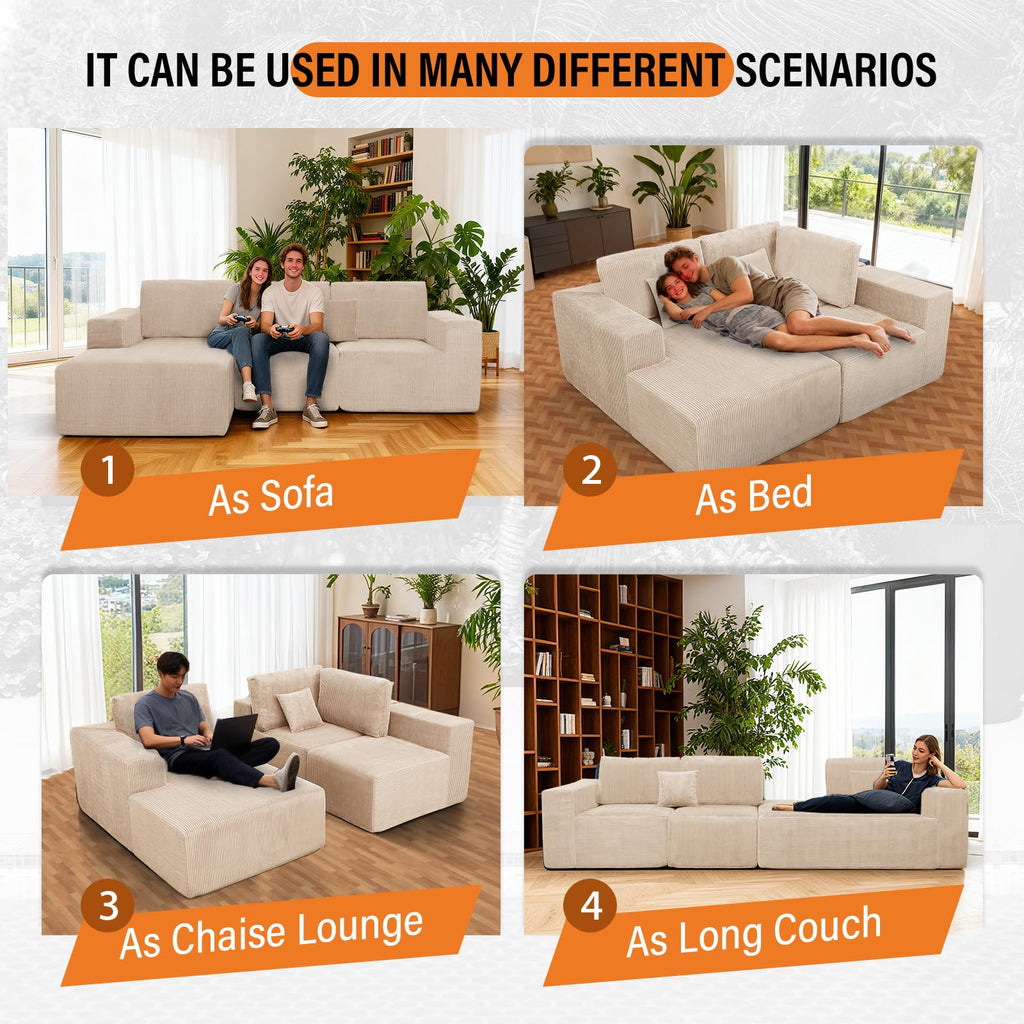 Boneless Couches for Living Room L - Shape Chaise Cloud Couch Modular Sectional 3 Pieces Deep Seat 111" Compressed Couches for Living Room Bedroom with Plush Corduroy Fabric No Assembly Required, Khaki - Martin Corner Bedding