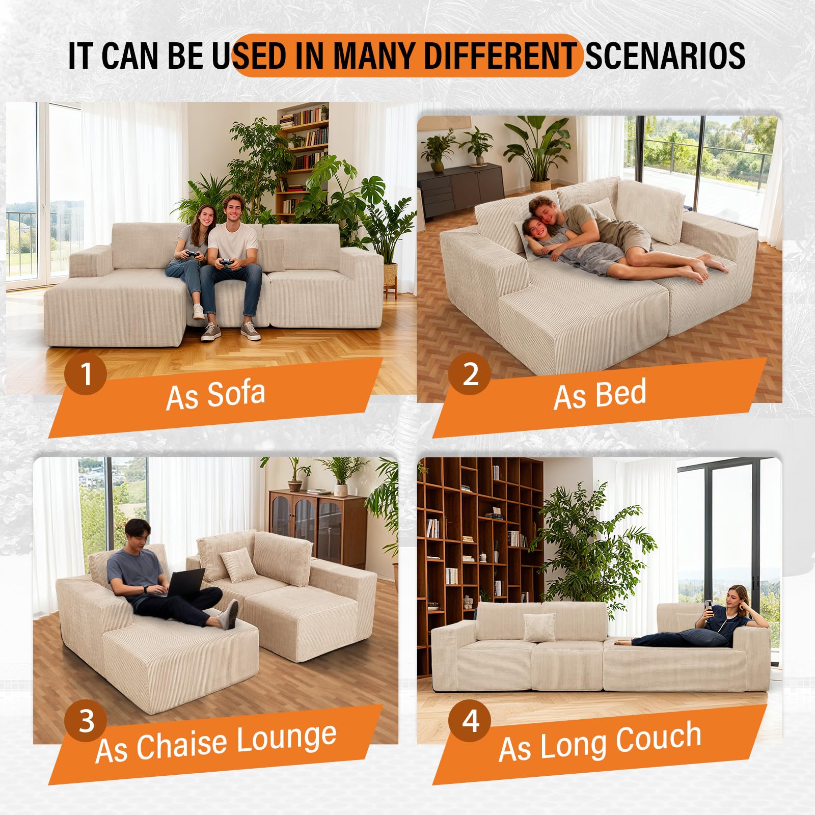 Boneless Couches for Living Room L - Shape Chaise Cloud Couch Modular Sectional 3 Pieces Deep Seat 111" Compressed Couches for Living Room Bedroom with Plush Corduroy Fabric No Assembly Required, Khaki - Martin Corner Bedding