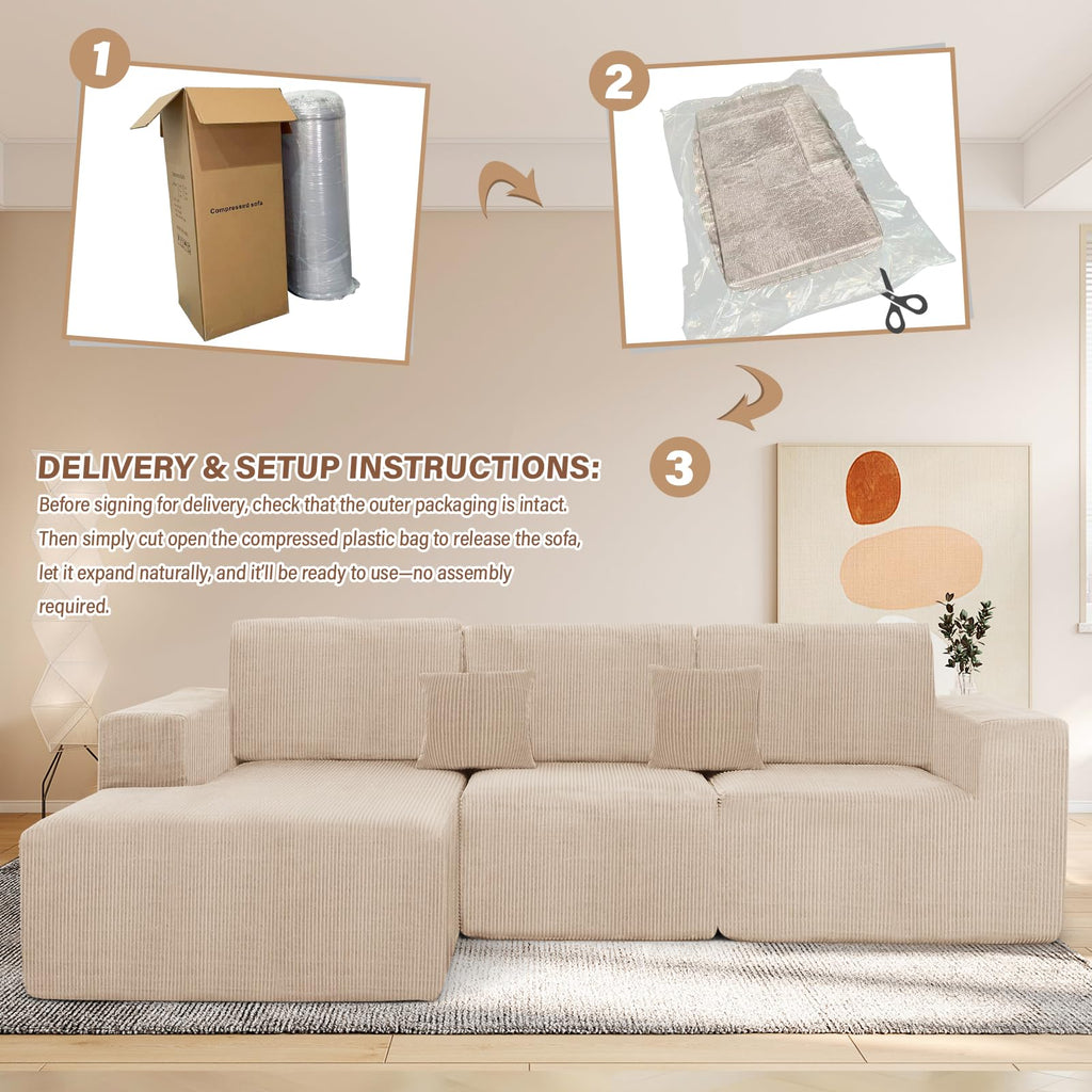Boneless Couches for Living Room L - Shape Chaise Cloud Couch Modular Sectional 3 Pieces Deep Seat 111" Compressed Couches for Living Room Bedroom with Plush Corduroy Fabric No Assembly Required, Khaki - Martin Corner Bedding