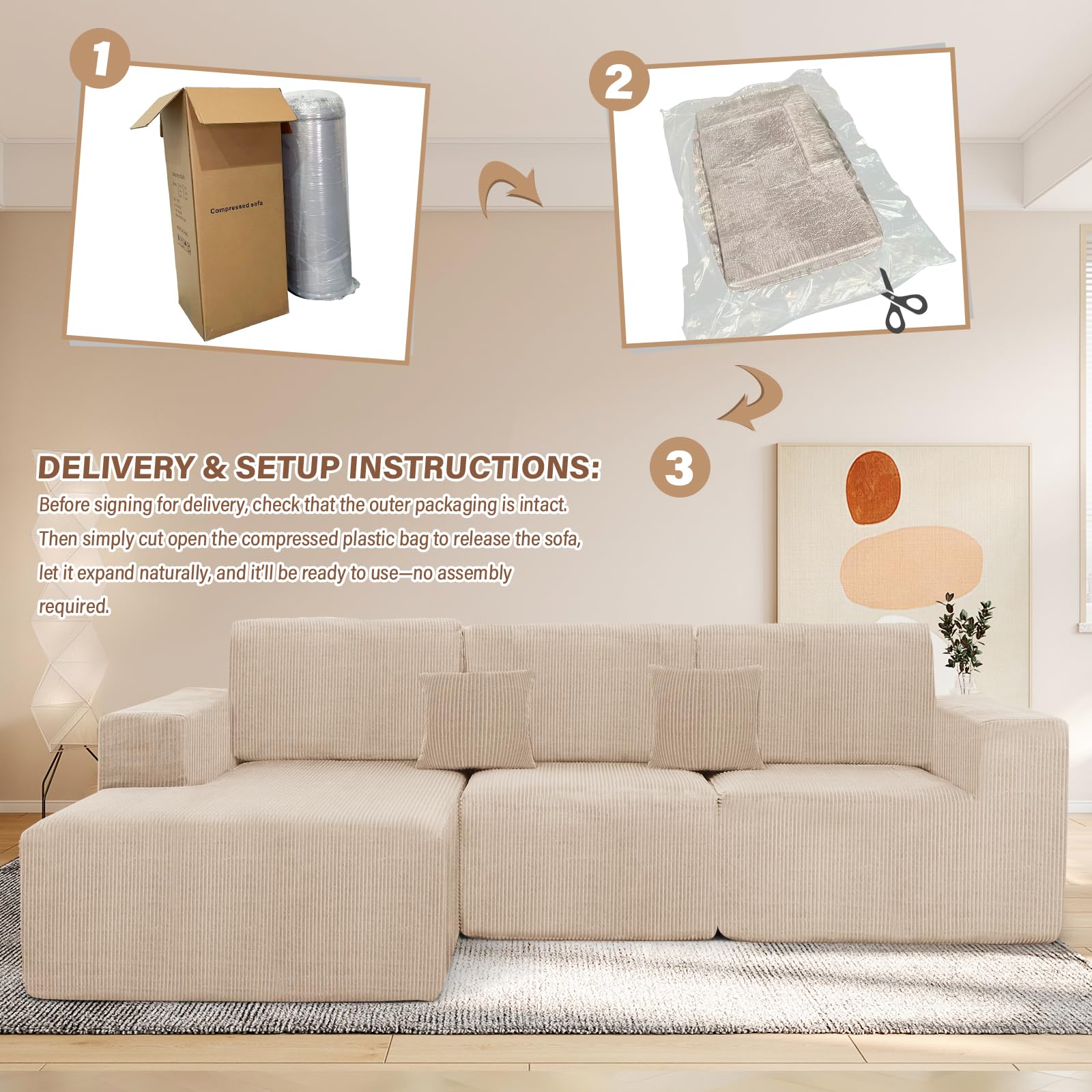 Boneless Couches for Living Room L - Shape Chaise Cloud Couch Modular Sectional 3 Pieces Deep Seat 111" Compressed Couches for Living Room Bedroom with Plush Corduroy Fabric No Assembly Required, Khaki - Martin Corner Bedding