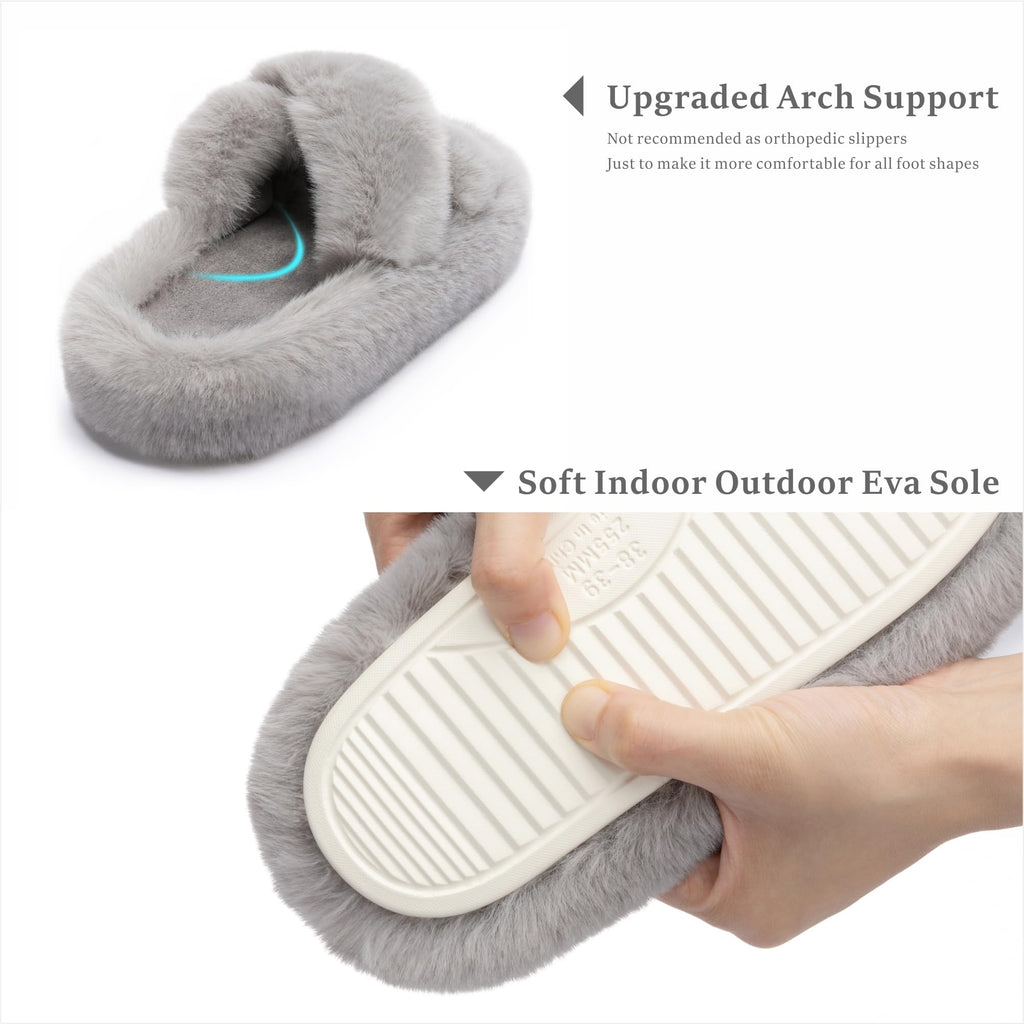 Chantomoo Women's Cross Slippers Memory Foam House Bedroom Slippers for Women Fuzzy Plush Comfy Faux Fur Lined Slide Shoes Anti - Skid Sole Trendy Gift Slippers Grey Size7 8 6.5 - Martin Corner Bedding