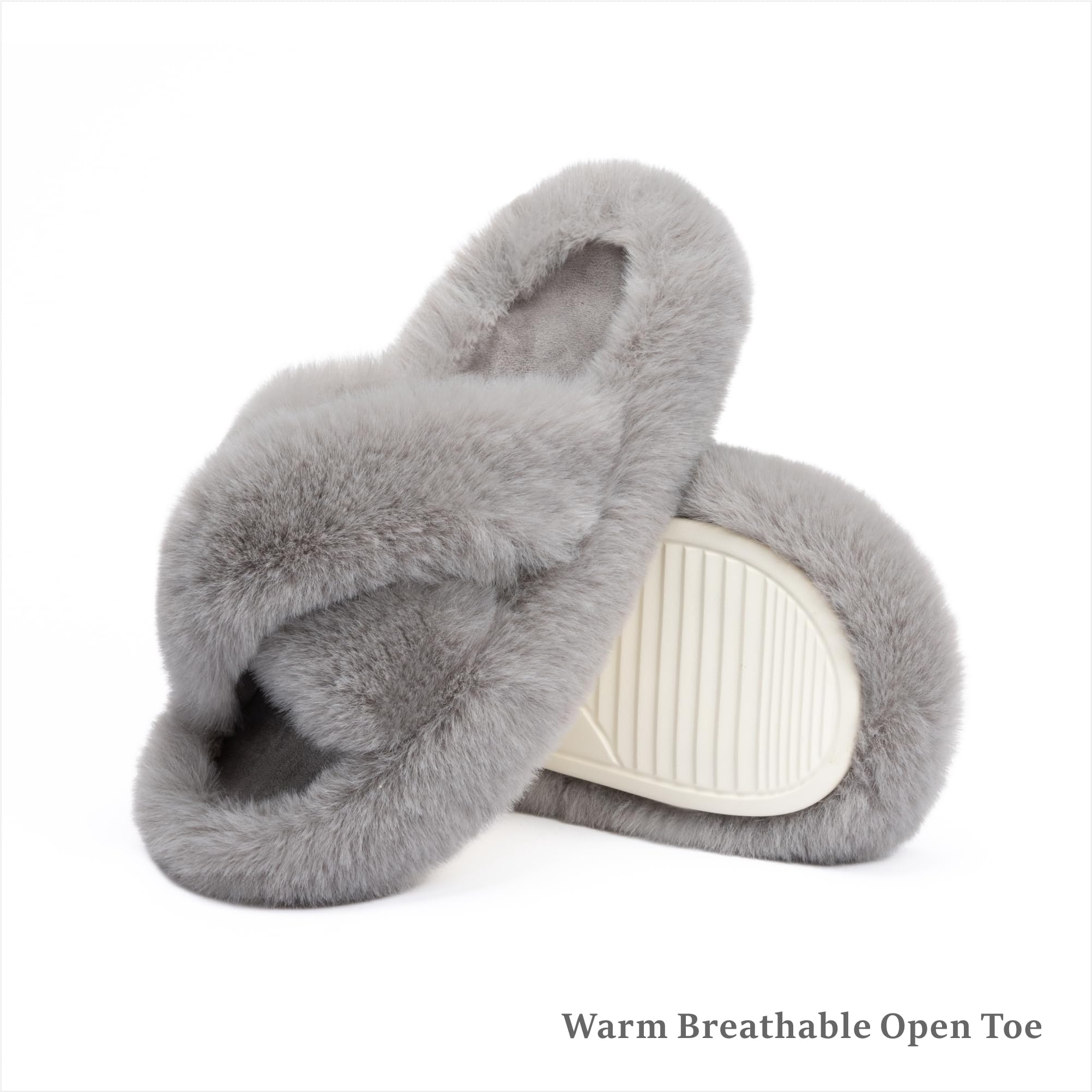 Chantomoo Women's Cross Slippers Memory Foam House Bedroom Slippers for Women Fuzzy Plush Comfy Faux Fur Lined Slide Shoes Anti - Skid Sole Trendy Gift Slippers Grey Size7 8 6.5 - Martin Corner Bedding