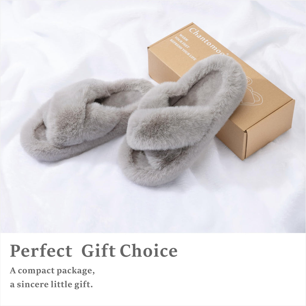 Chantomoo Women's Cross Slippers Memory Foam House Bedroom Slippers for Women Fuzzy Plush Comfy Faux Fur Lined Slide Shoes Anti - Skid Sole Trendy Gift Slippers Grey Size7 8 6.5 - Martin Corner Bedding