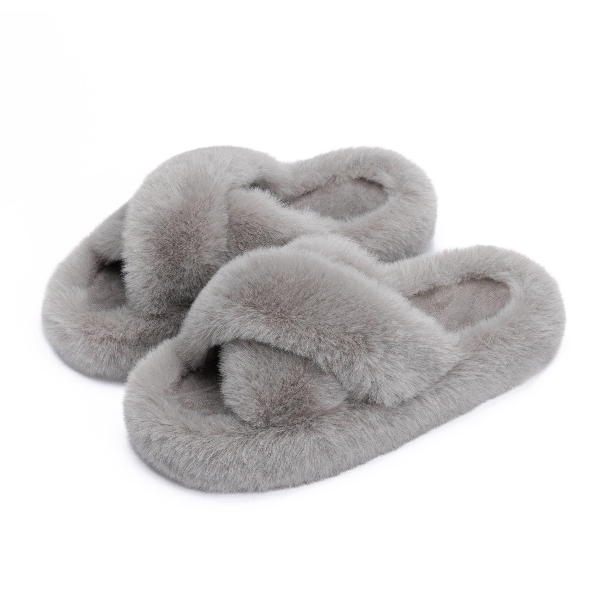 Chantomoo Women's Cross Slippers Memory Foam House Bedroom Slippers for Women Fuzzy Plush Comfy Faux Fur Lined Slide Shoes Anti - Skid Sole Trendy Gift Slippers Grey Size7 8 6.5 - Martin Corner Bedding