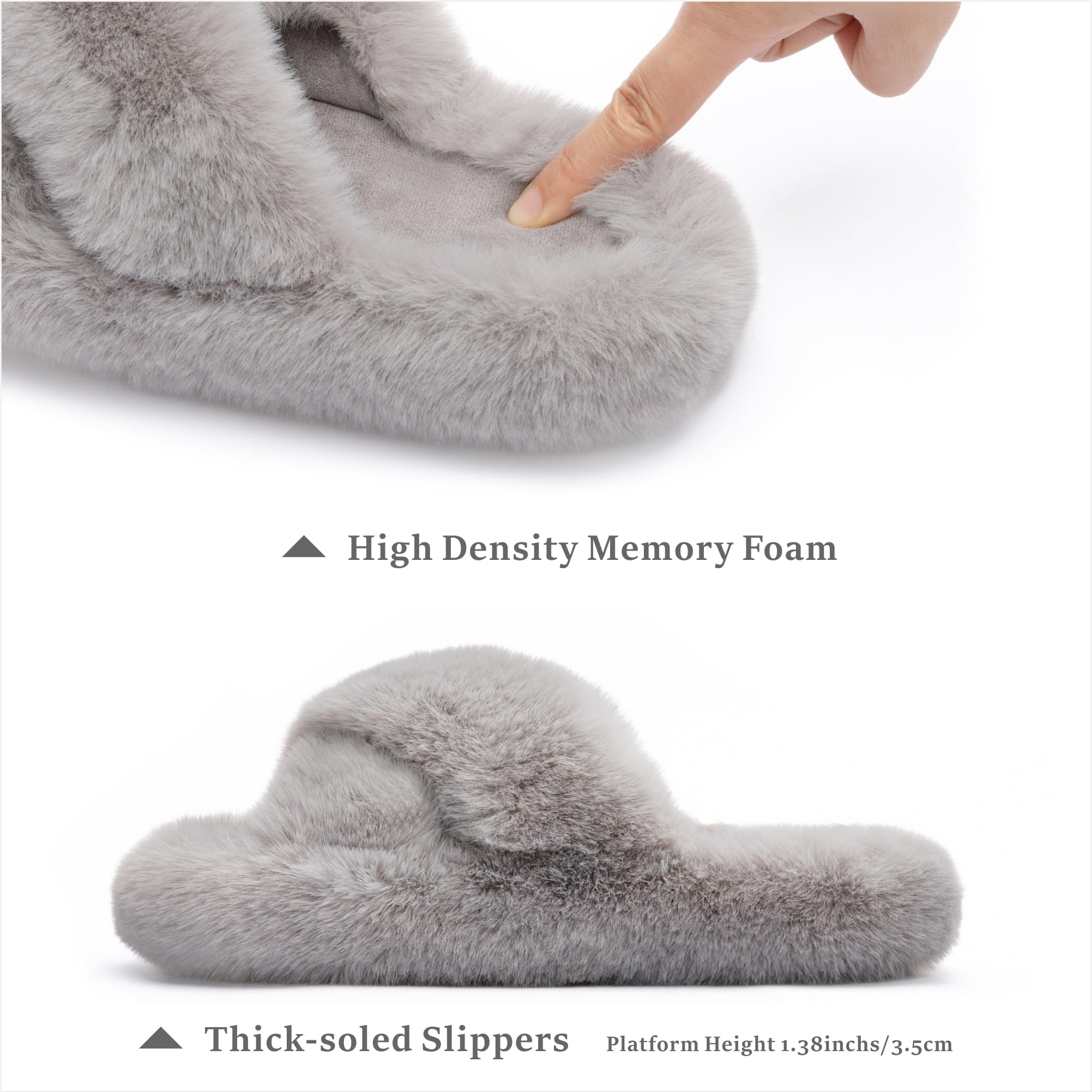 Chantomoo Women's Cross Slippers Memory Foam House Bedroom Slippers for Women Fuzzy Plush Comfy Faux Fur Lined Slide Shoes Anti - Skid Sole Trendy Gift Slippers Grey Size7 8 6.5 - Martin Corner Bedding