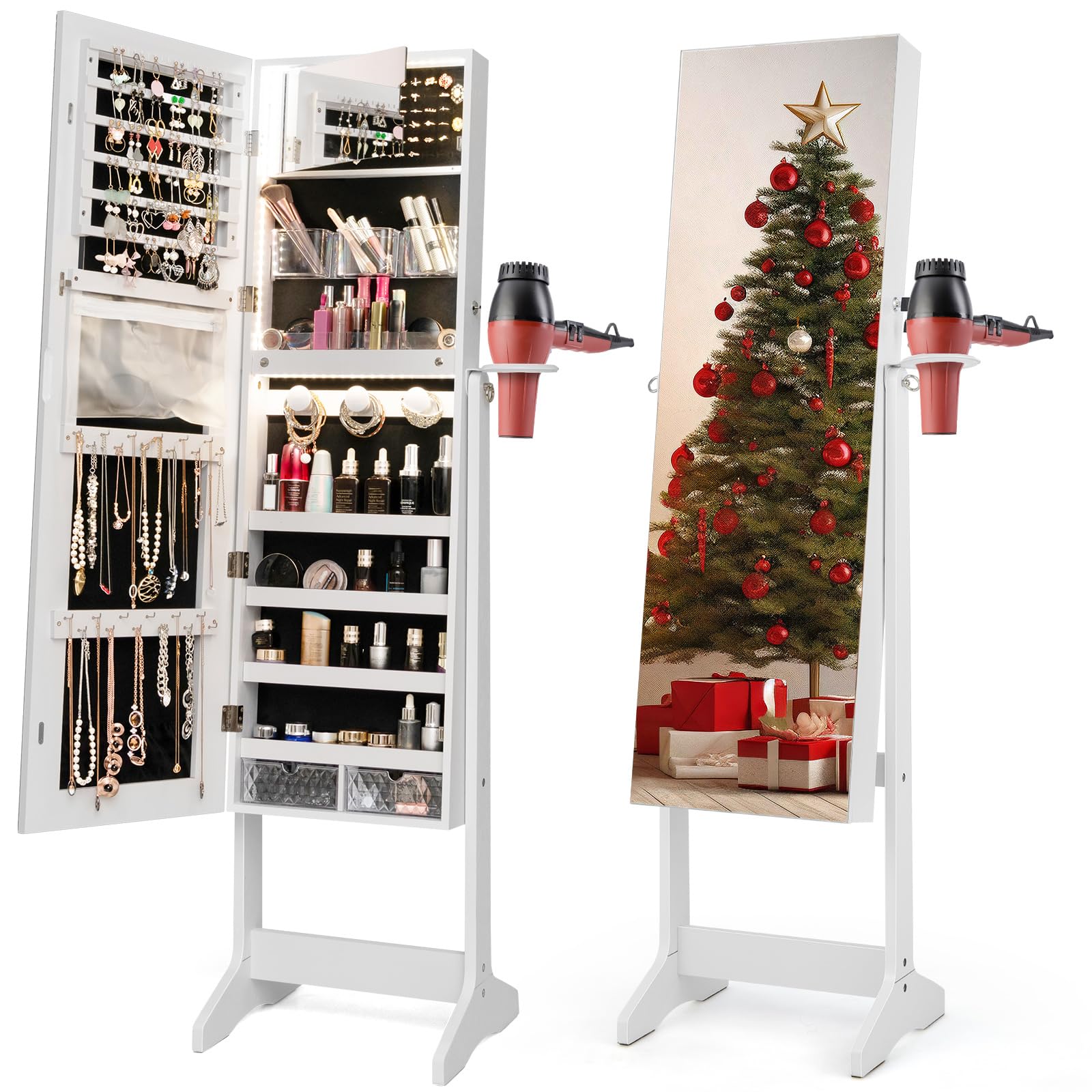 CHARMAID Jewelry Cabinet Armoire with Full Length Mirror, Flip - open Vanity Mirror, 3 Color LED Lights, Hair Dryer Holder, Lockable Standing Jewelry Organizer with Storage Shelves Drawers (White) - Martin Corner Bedding