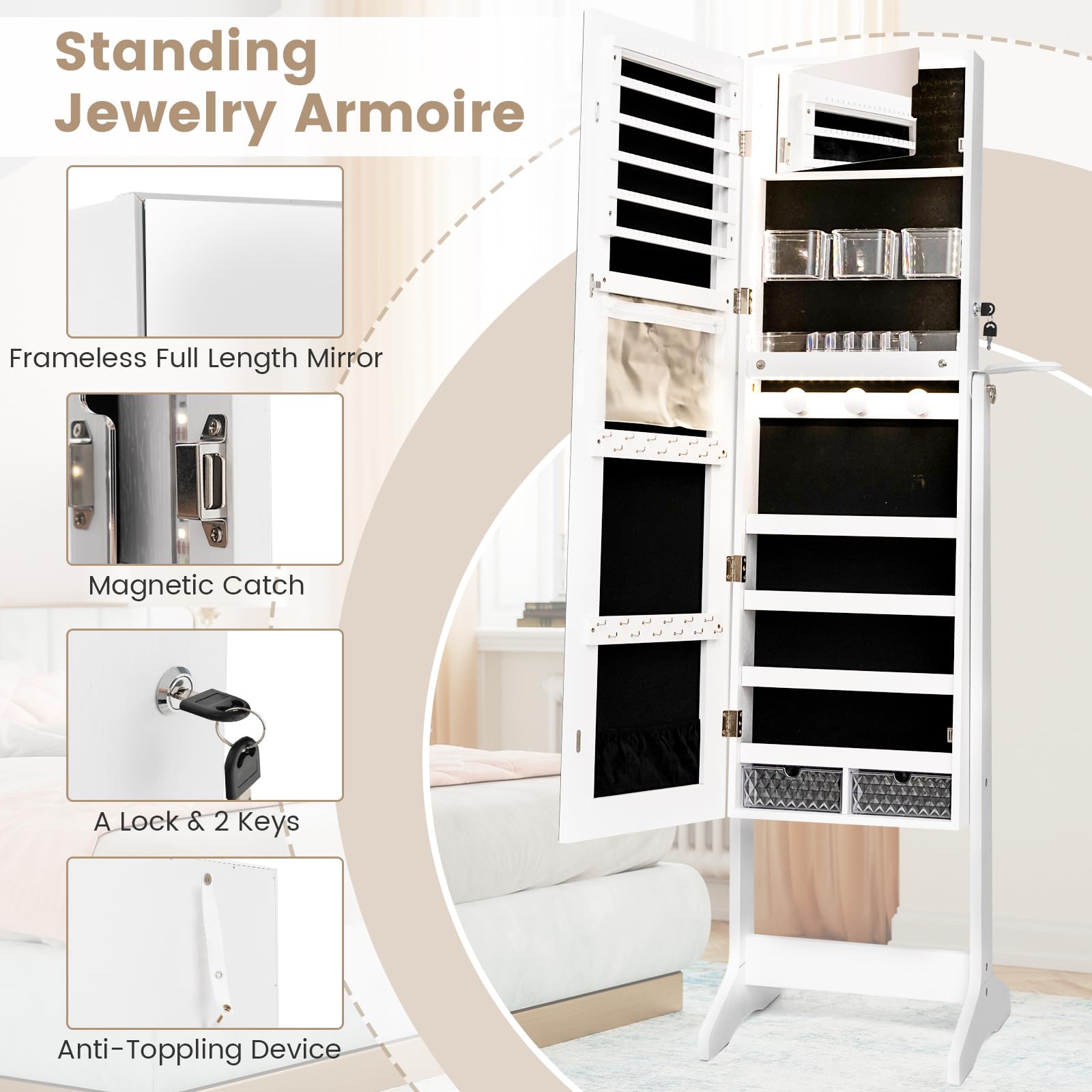 CHARMAID Jewelry Cabinet Armoire with Full Length Mirror, Flip - open Vanity Mirror, 3 Color LED Lights, Hair Dryer Holder, Lockable Standing Jewelry Organizer with Storage Shelves Drawers (White) - Martin Corner Bedding