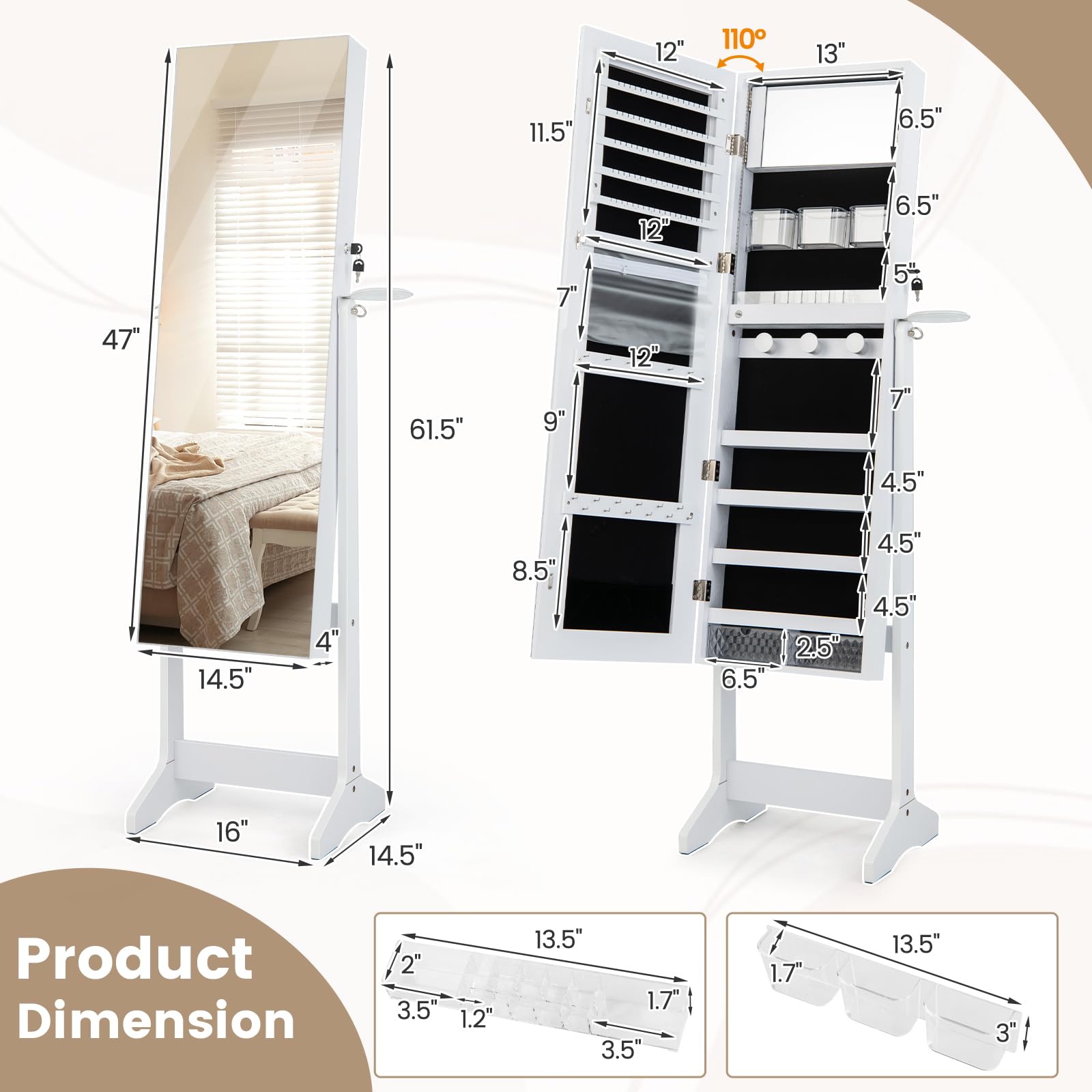 CHARMAID Jewelry Cabinet Armoire with Full Length Mirror, Flip - open Vanity Mirror, 3 Color LED Lights, Hair Dryer Holder, Lockable Standing Jewelry Organizer with Storage Shelves Drawers (White) - Martin Corner Bedding