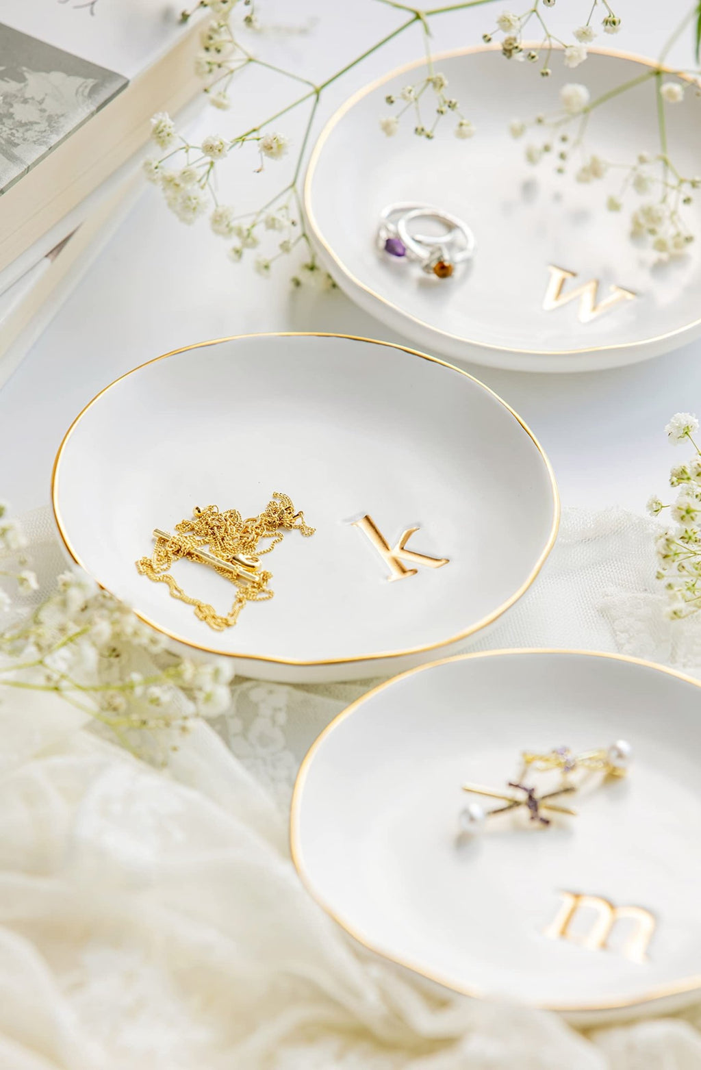 COLLECTIVE HOME - Ceramic Jewelry Tray, Decorative Trinket Dish for Rings Earrings Necklaces Bracelet Watch Keys, Birthday Mother's Day Christmas Gift for Women, 4.75", White Surface (M) - Martin Corner Bedding