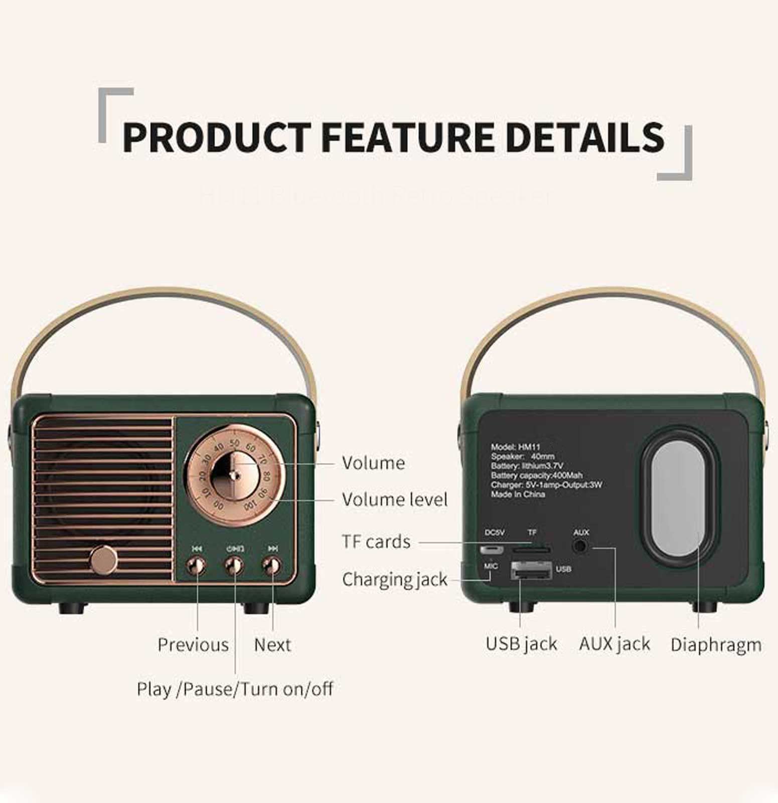 Dosmix Retro Bluetooth Speaker, Vintage Decor, Mini Wireless Bluetooth Speaker, Cute Old Fashion Style for Kitchen Desk Bedroom Office Party Outdoor Accessories for iPhone Android (Green) - Martin Corner Bedding