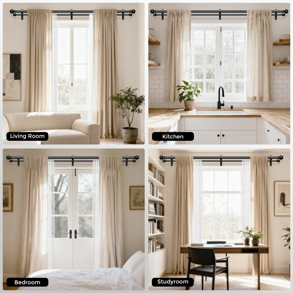 Double Curtain Rod, 1 Inch Black Dual Curtain Rods for Windows 30 to 72 Inch, Decorative Adjustable Heavy Duty Telescopic Spliced Window Treatment Rods Set for Bedroom Living Room Farmhouse - Martin Corner Bedding