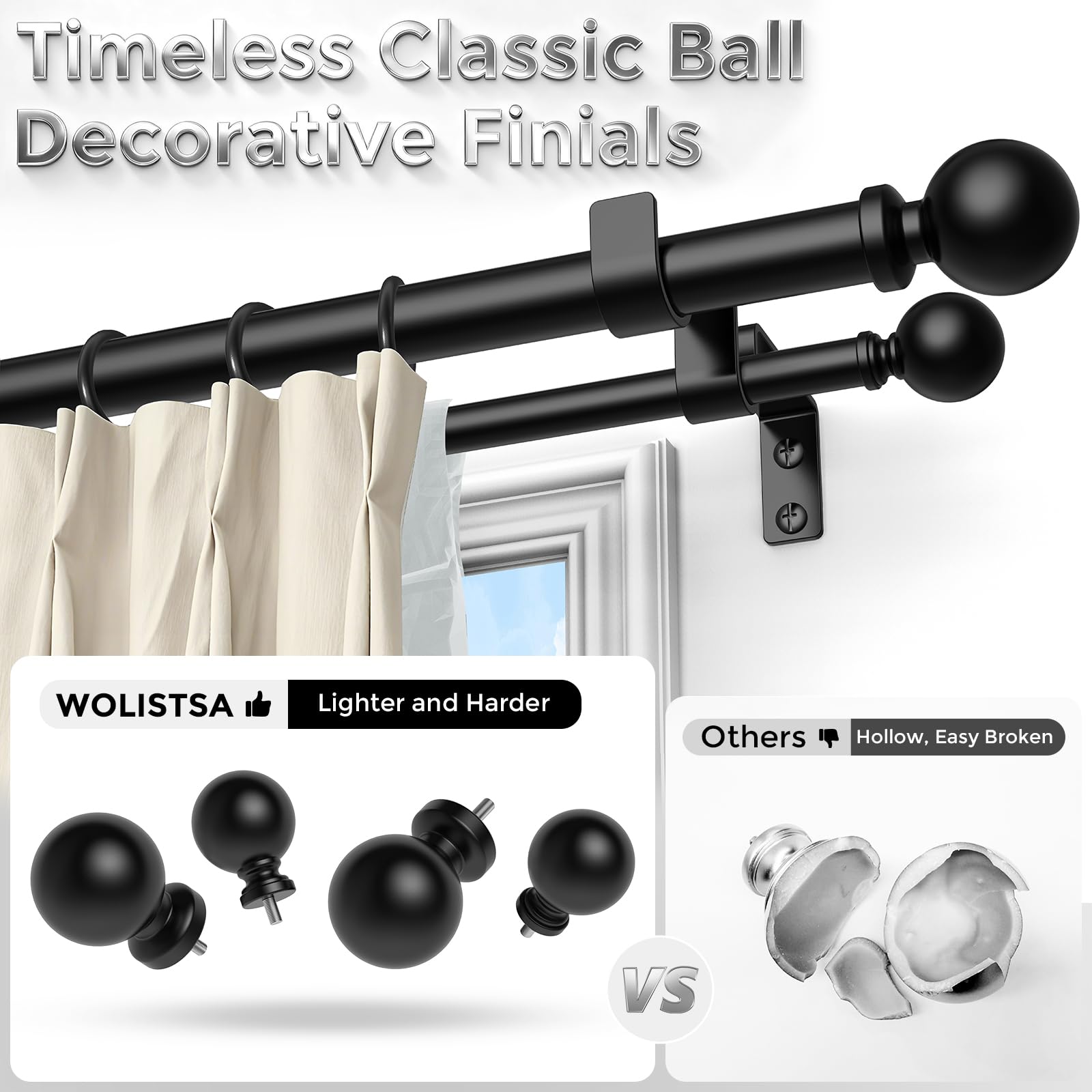 Double Curtain Rod, 1 Inch Black Dual Curtain Rods for Windows 30 to 72 Inch, Decorative Adjustable Heavy Duty Telescopic Spliced Window Treatment Rods Set for Bedroom Living Room Farmhouse - Martin Corner Bedding