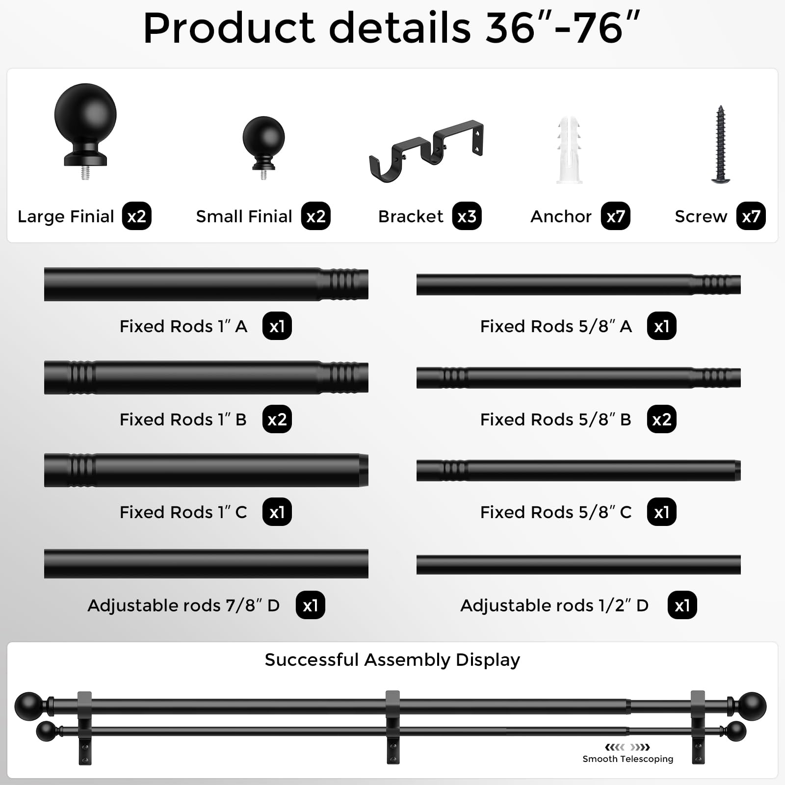 Double Curtain Rod, 1 Inch Black Dual Curtain Rods for Windows 30 to 72 Inch, Decorative Adjustable Heavy Duty Telescopic Spliced Window Treatment Rods Set for Bedroom Living Room Farmhouse - Martin Corner Bedding